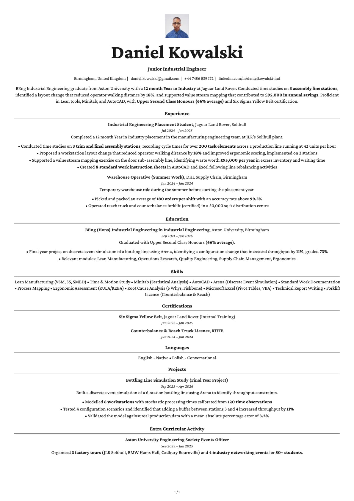 Junior Industrial Engineer resume example