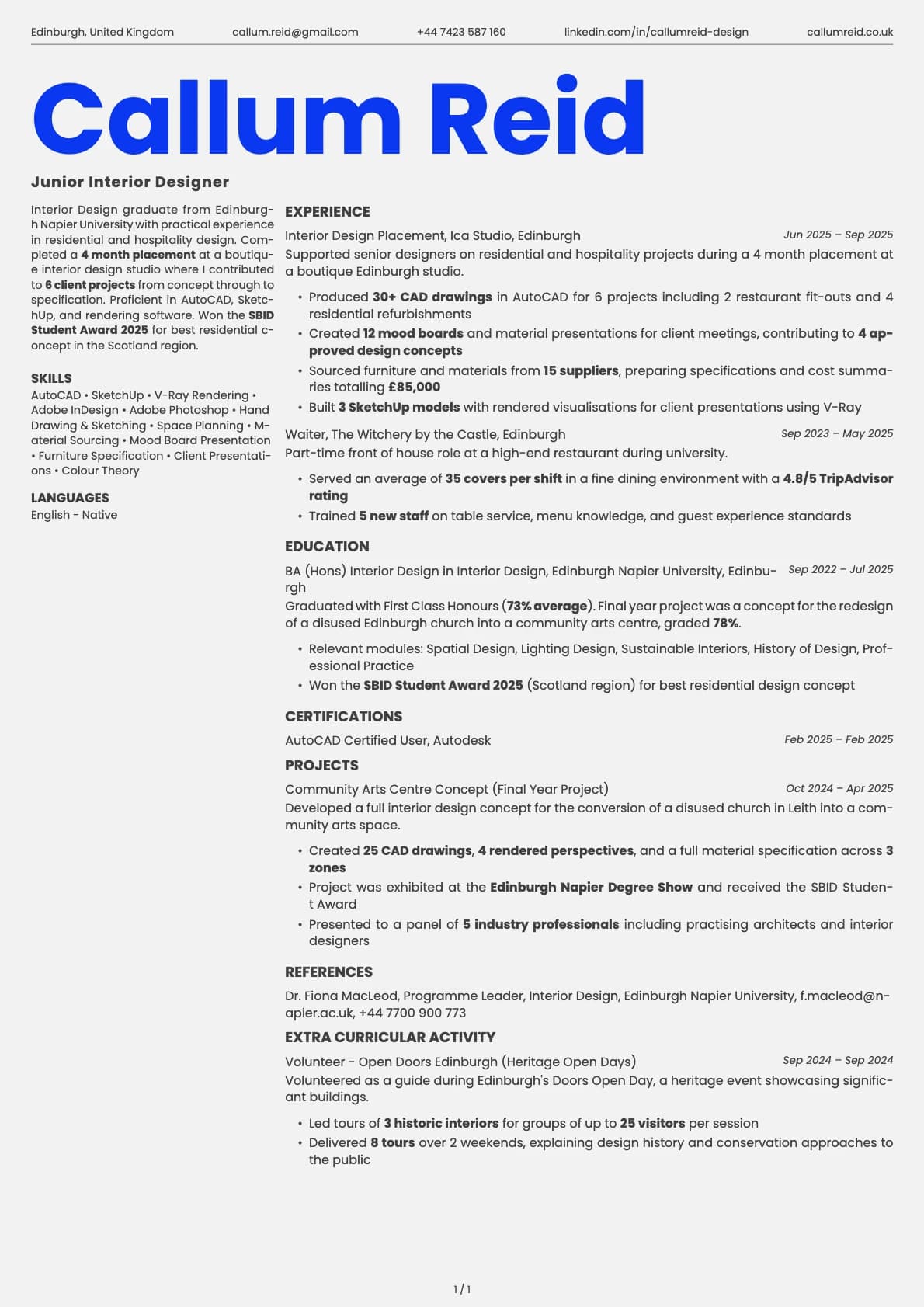 Junior Interior Designer resume example