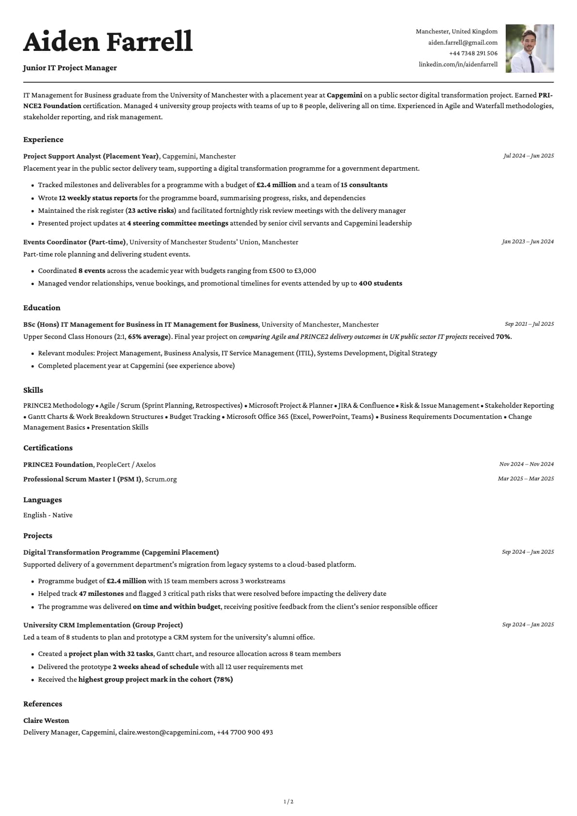 Junior IT Project Manager resume example