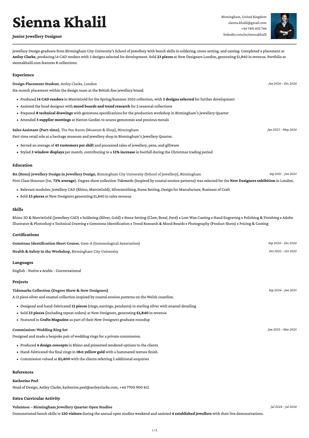 Junior Jewellery Designer resume example