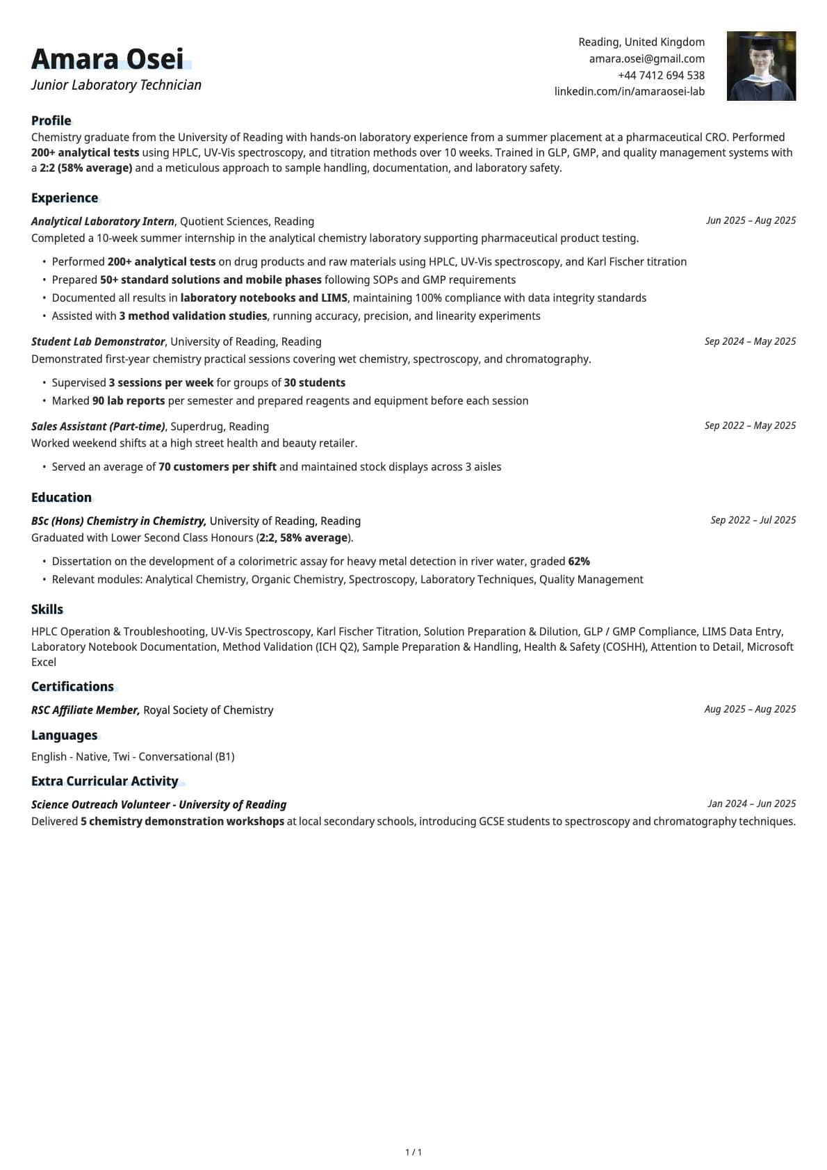 Junior Laboratory Technician resume example