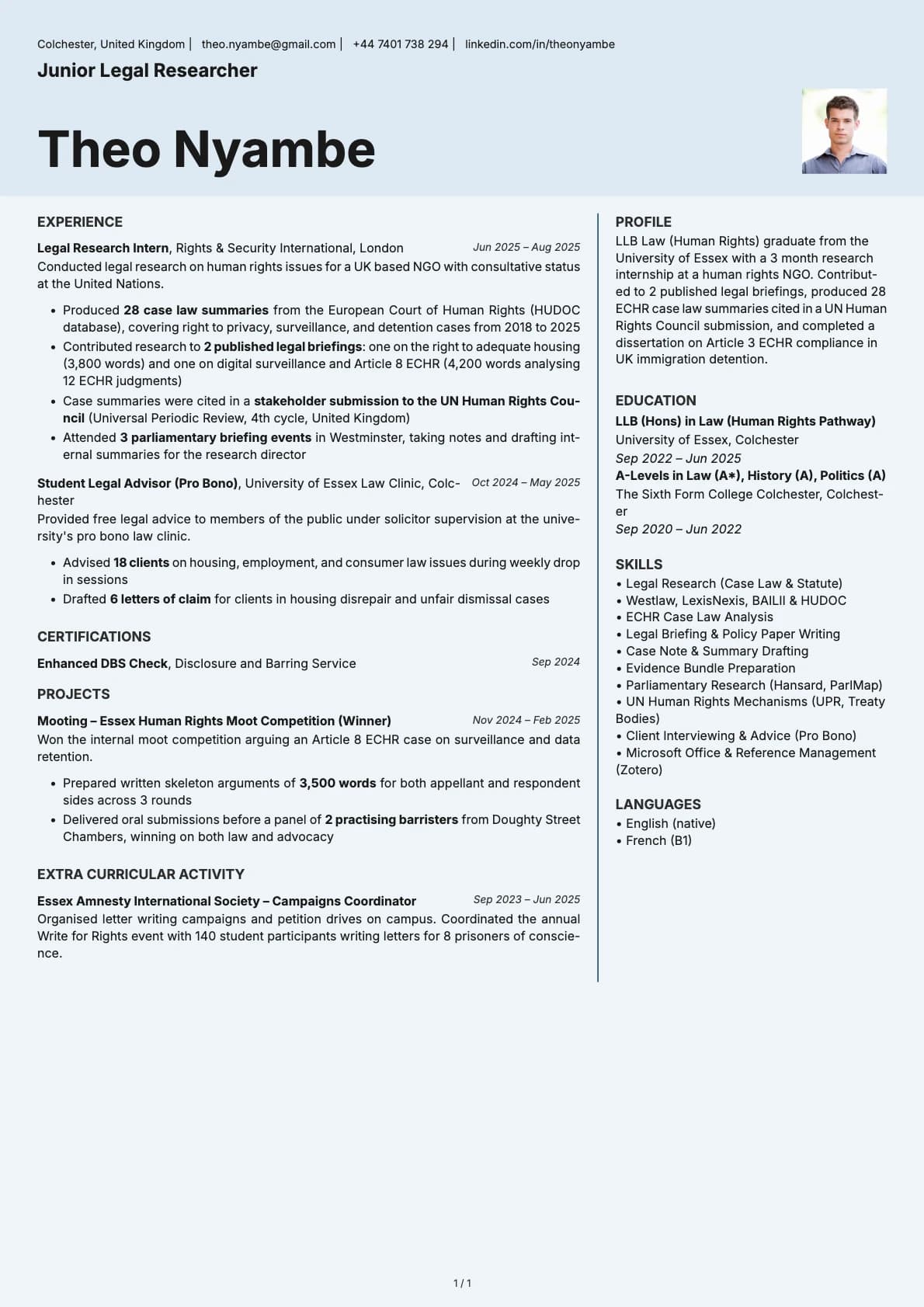 Junior Legal Researcher resume example