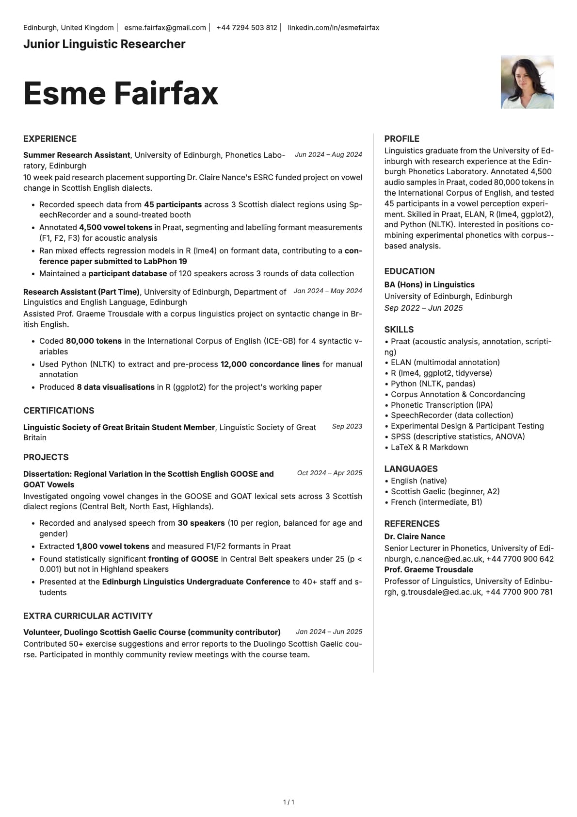 Junior Linguistic Researcher resume example