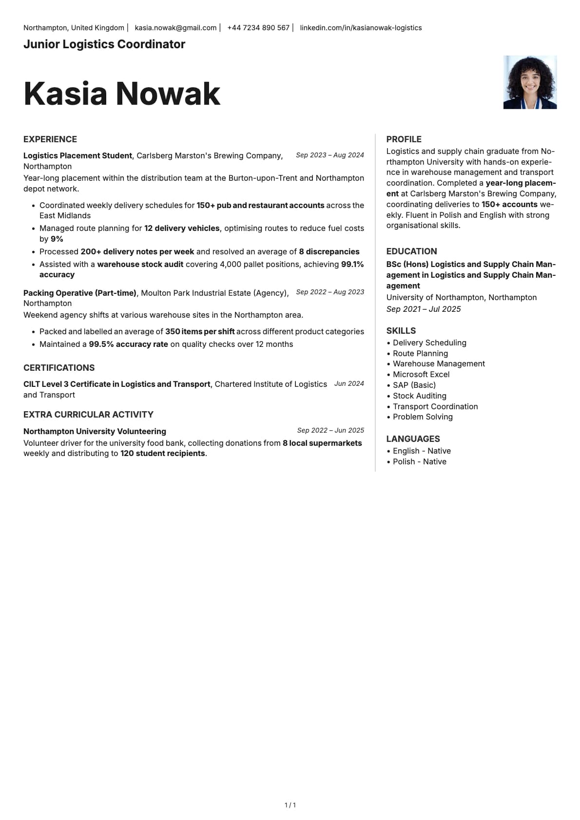 Junior Logistics Coordinator resume example