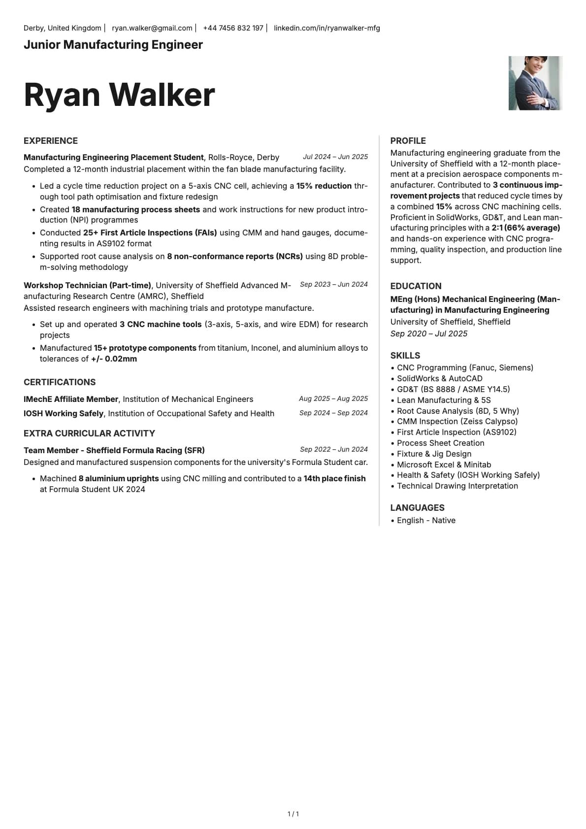 Junior Manufacturing Engineer resume example