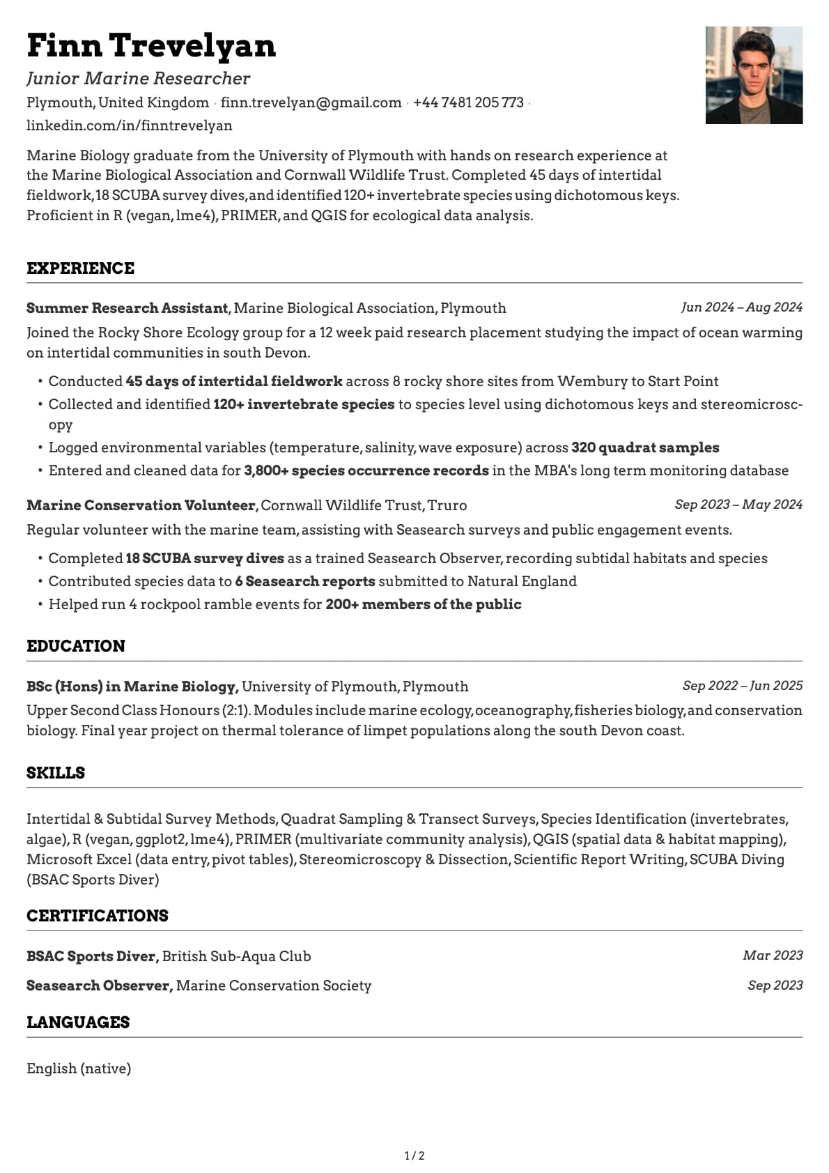 Junior Marine Researcher resume example