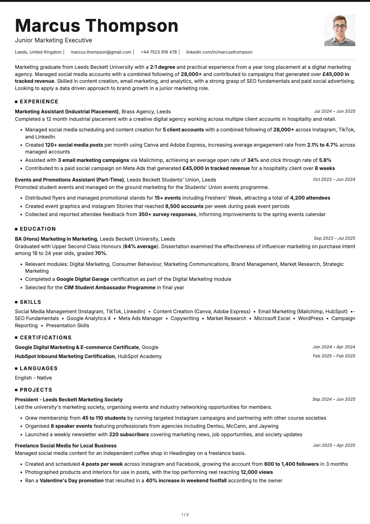 Junior Marketing Executive resume example