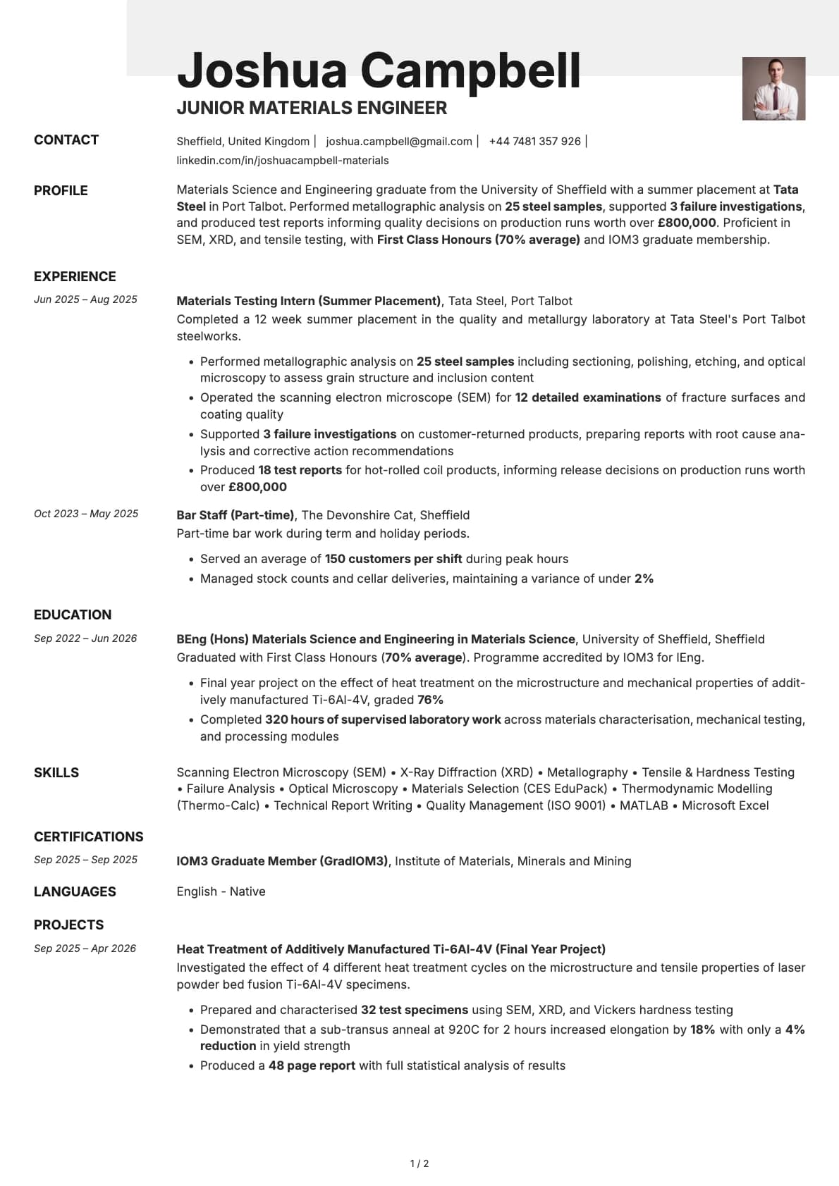 Junior Materials Engineer resume example
