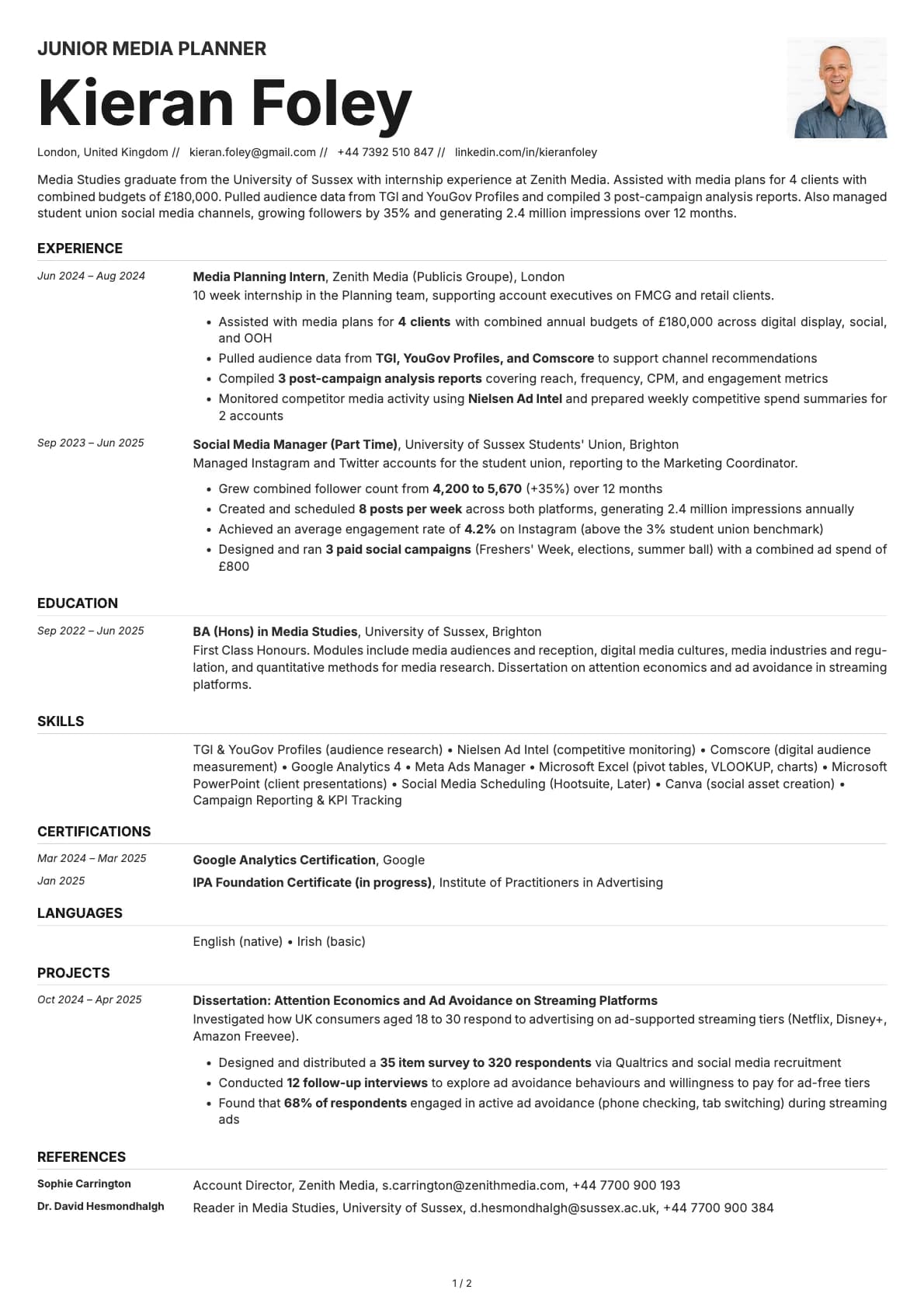 Junior Media Planner resume example