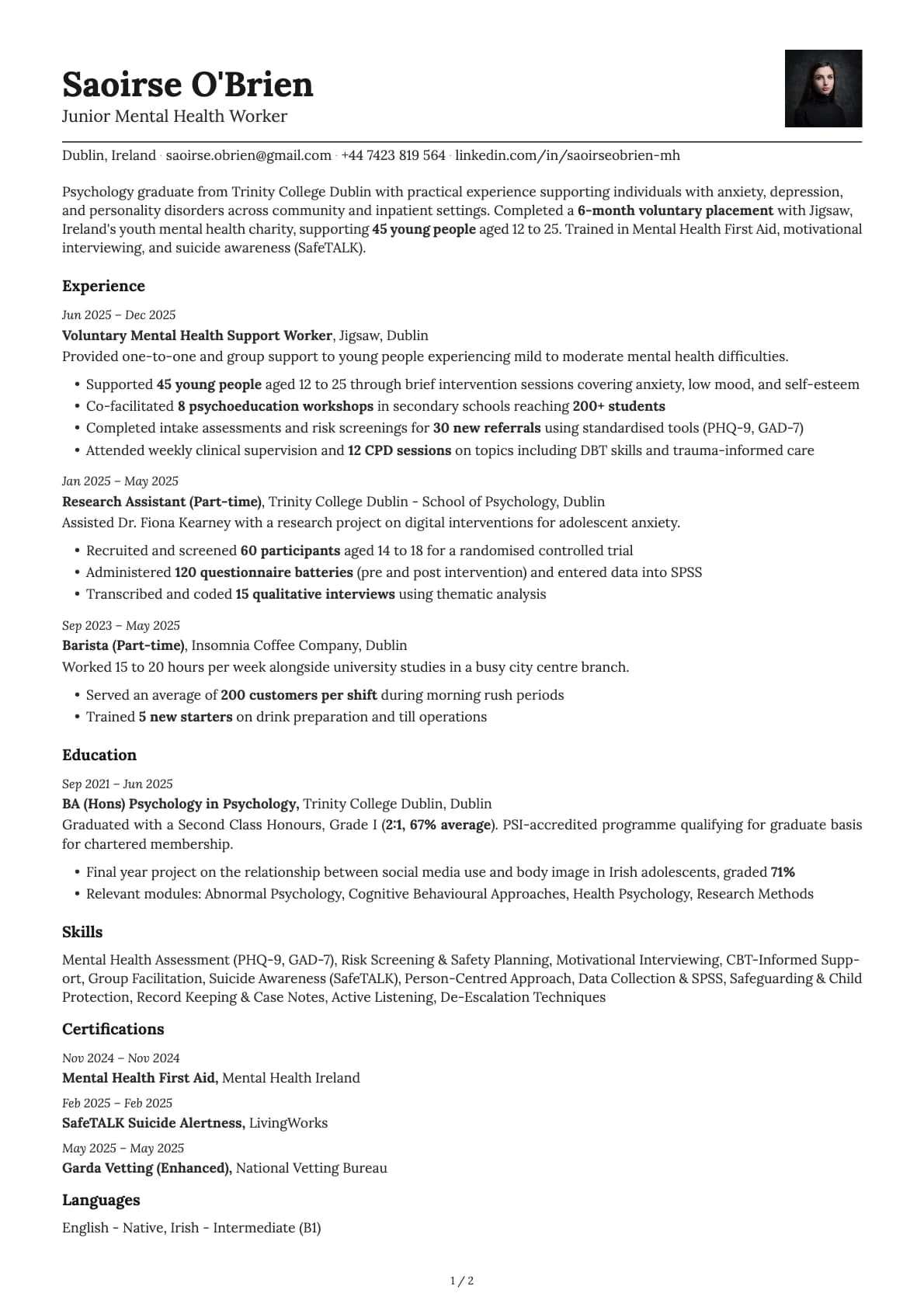 Junior Mental Health Worker resume example