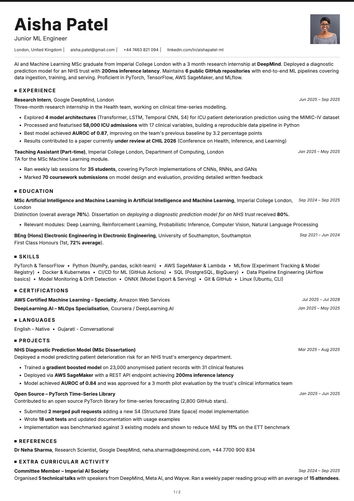 Junior ML Engineer resume example