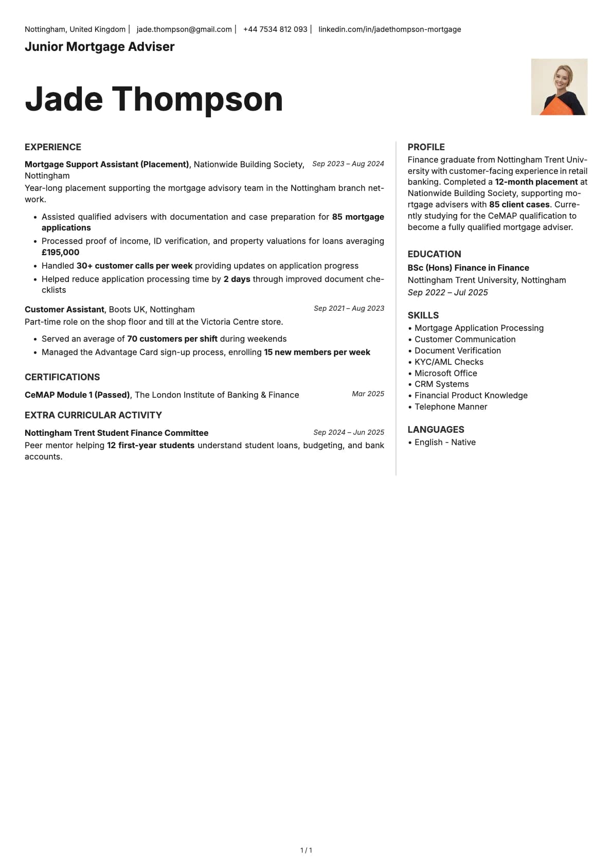 Junior Mortgage Adviser resume example