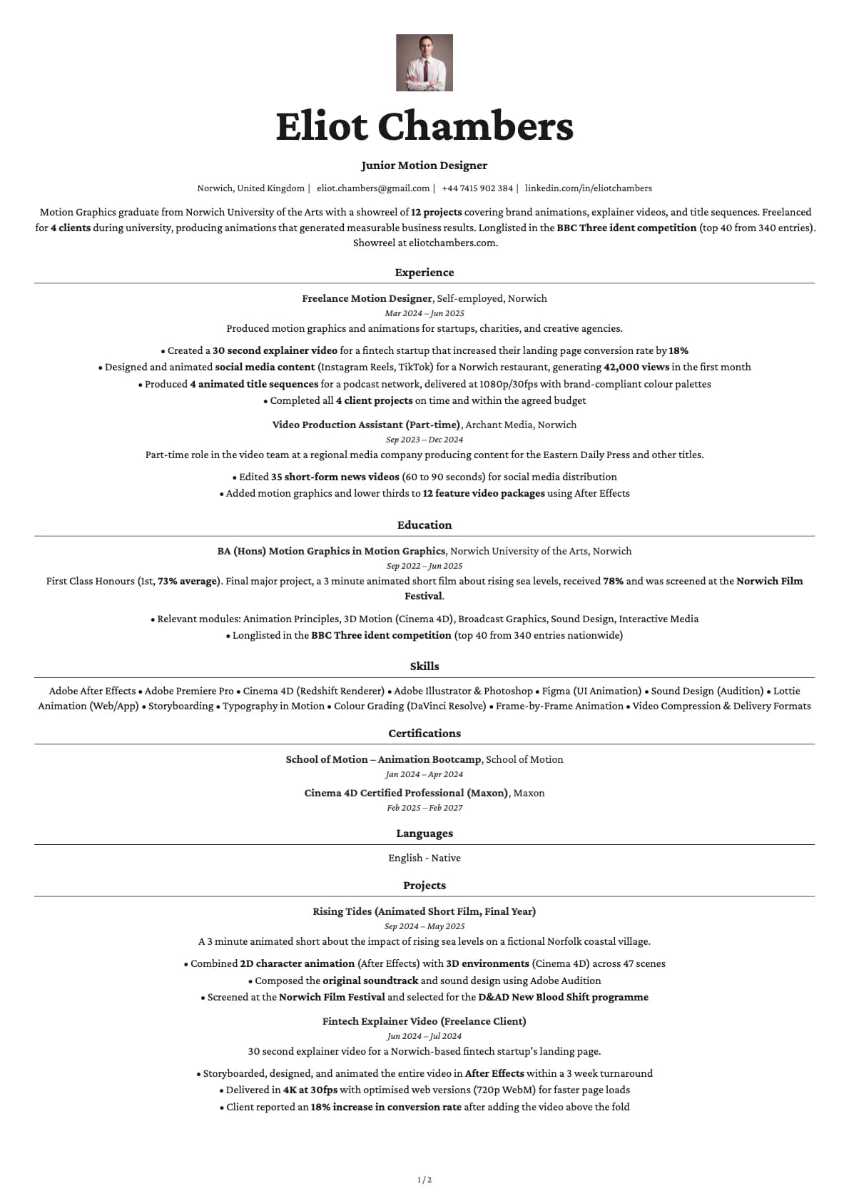 Junior Motion Designer resume example