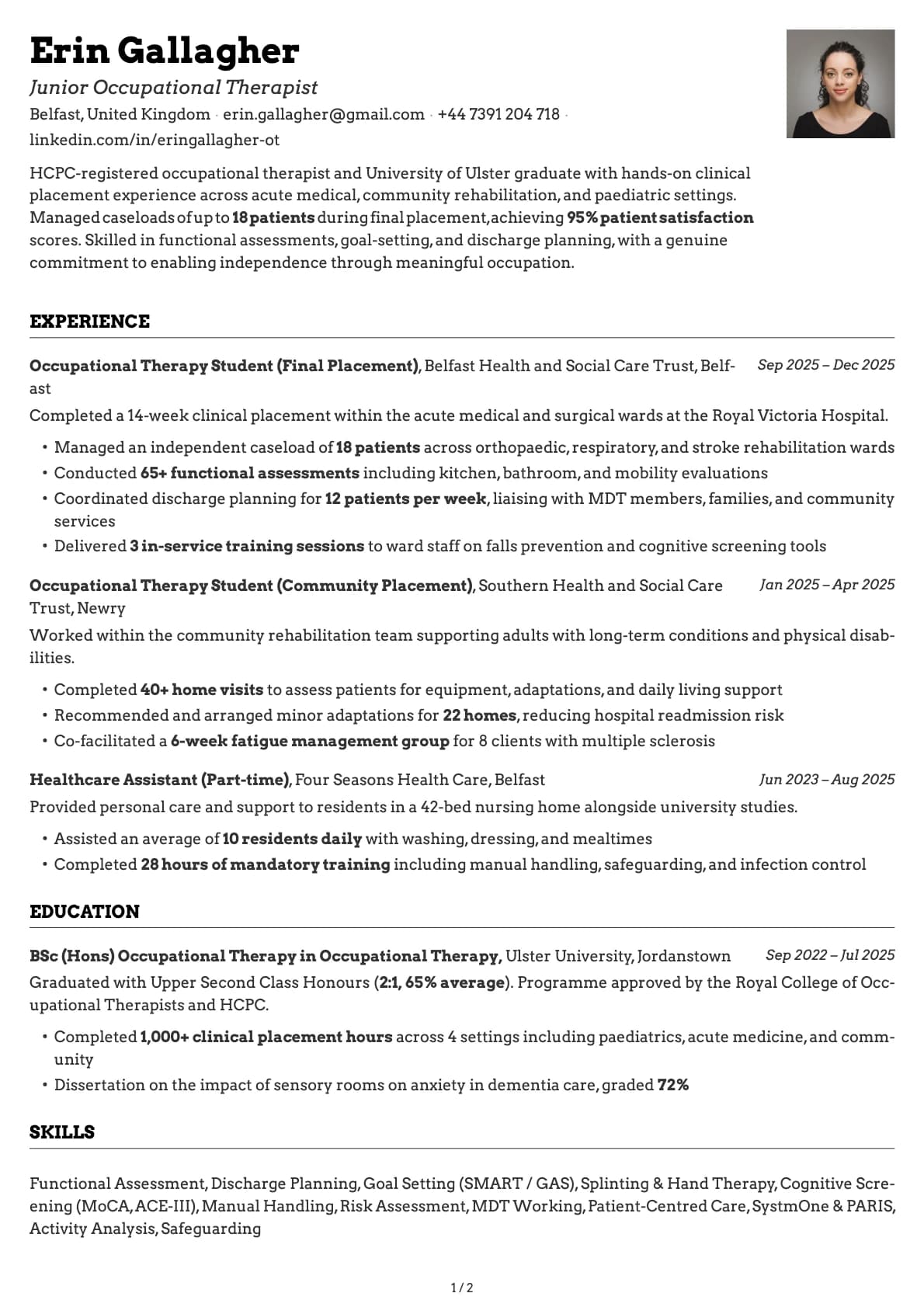 Junior Occupational Therapist resume example
