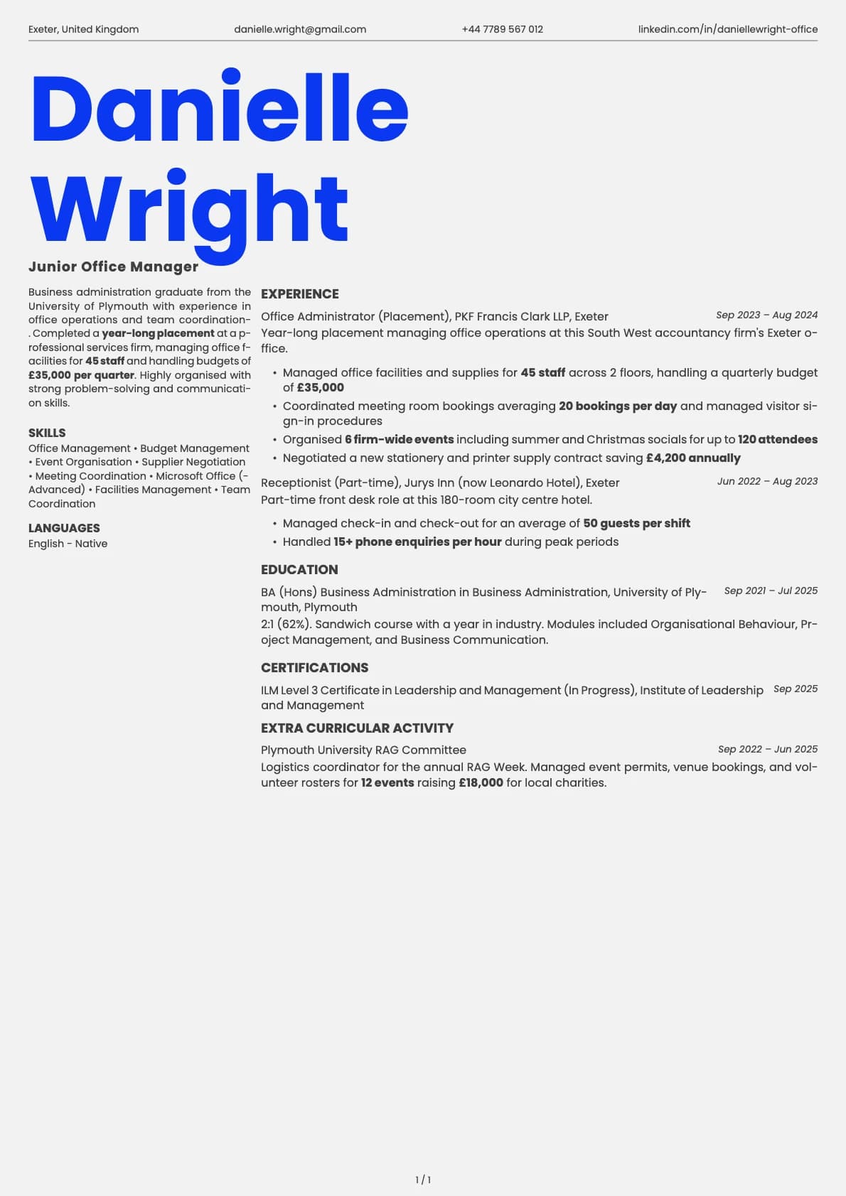 Junior Office Manager resume example
