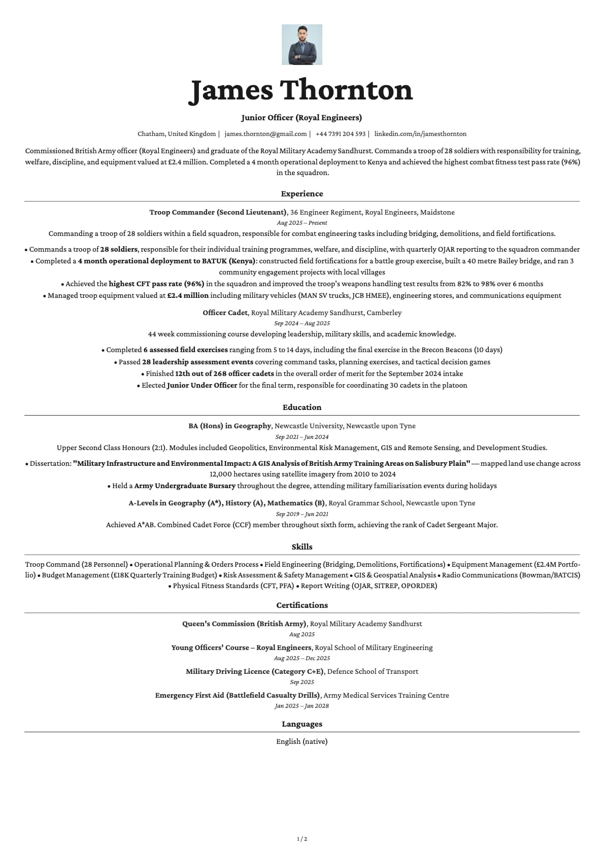 Junior Officer (Armed Forces) resume example