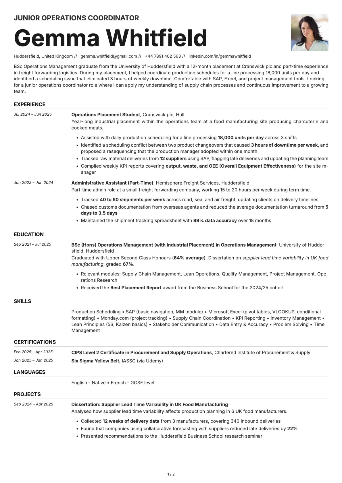 Junior Operations Coordinator resume example