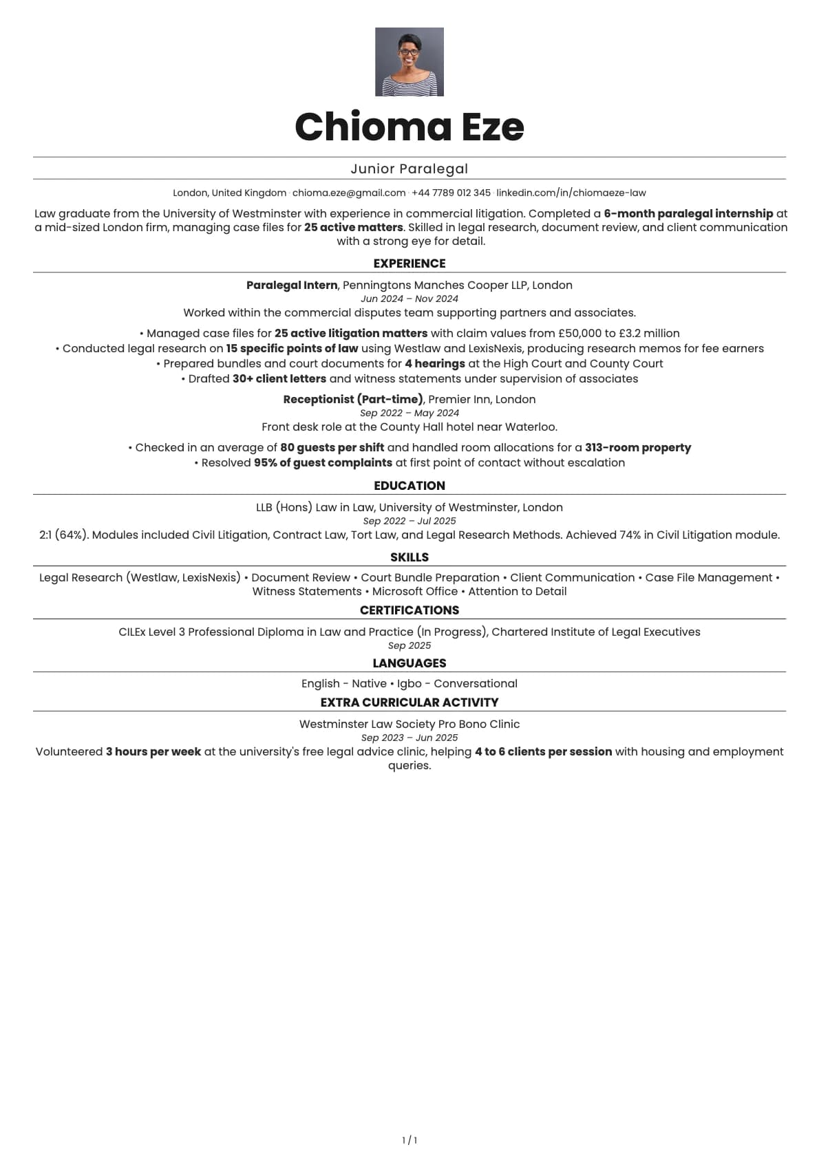 Junior Paralegal resume example