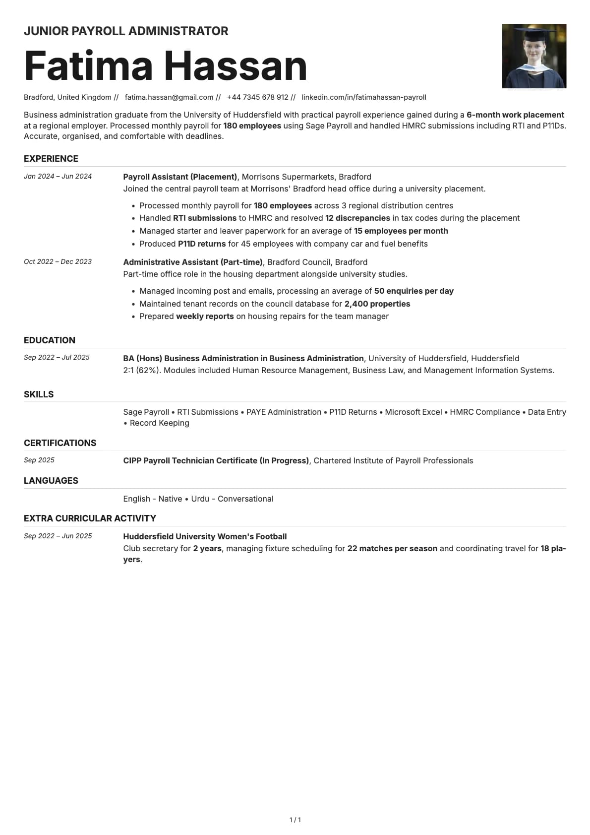 Junior Payroll Administrator resume example