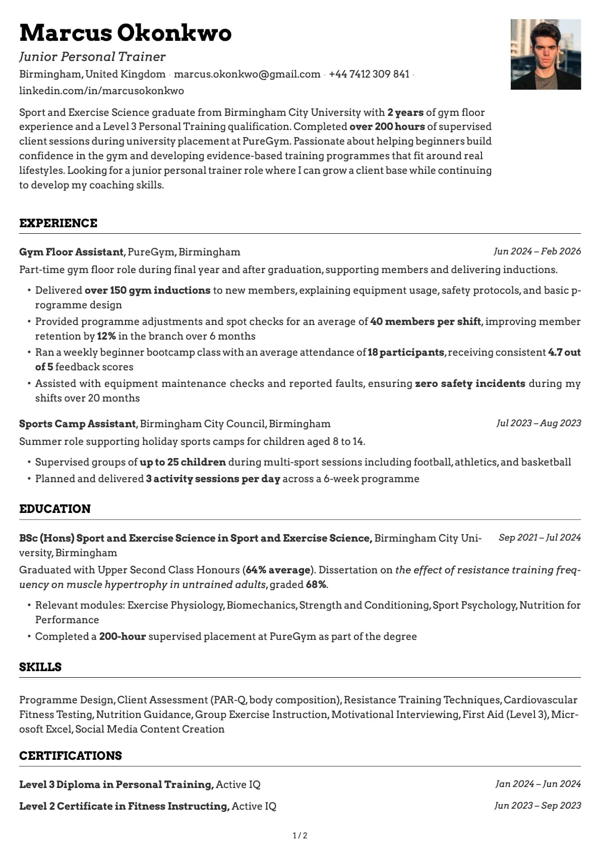 Junior Personal Trainer resume example