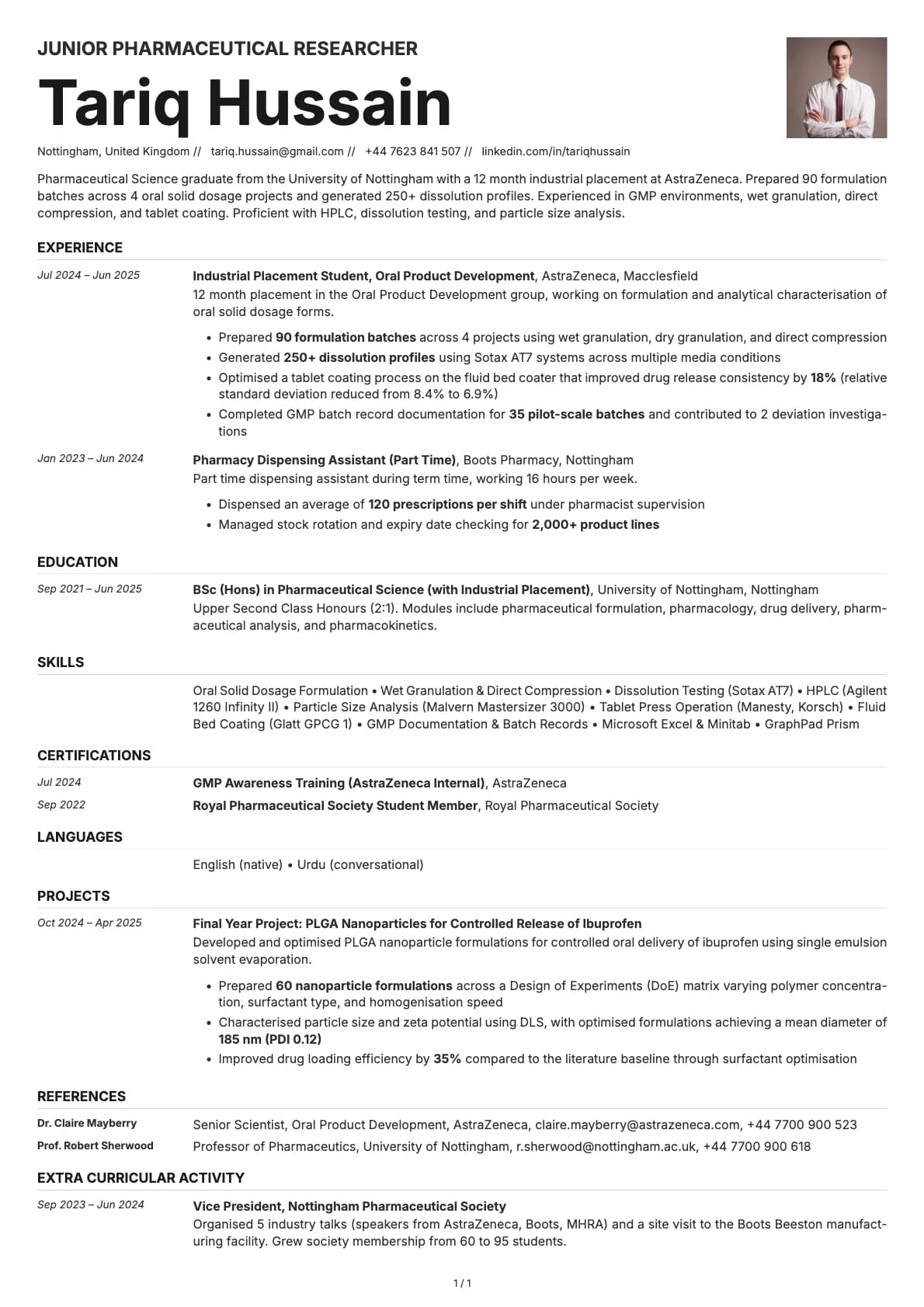 Junior Pharmaceutical Researcher resume example