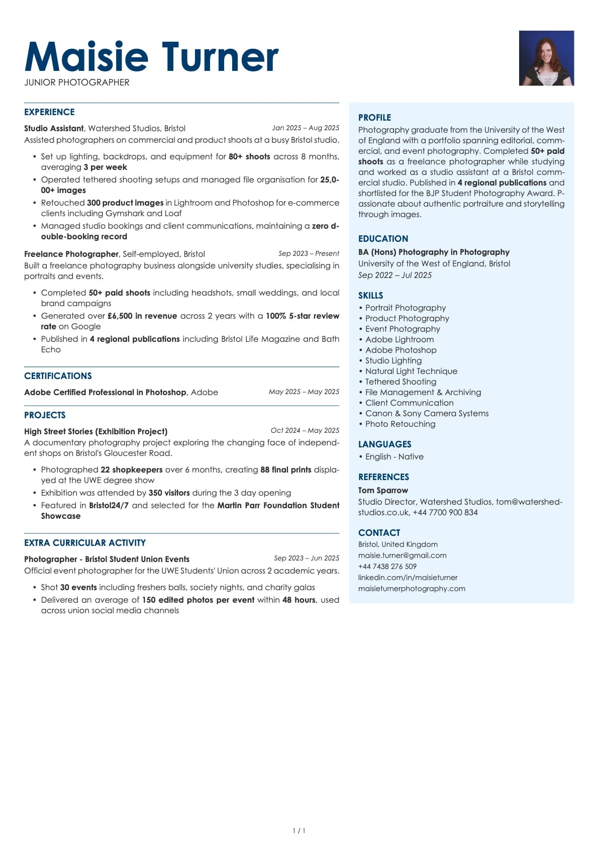 Junior Photographer resume example