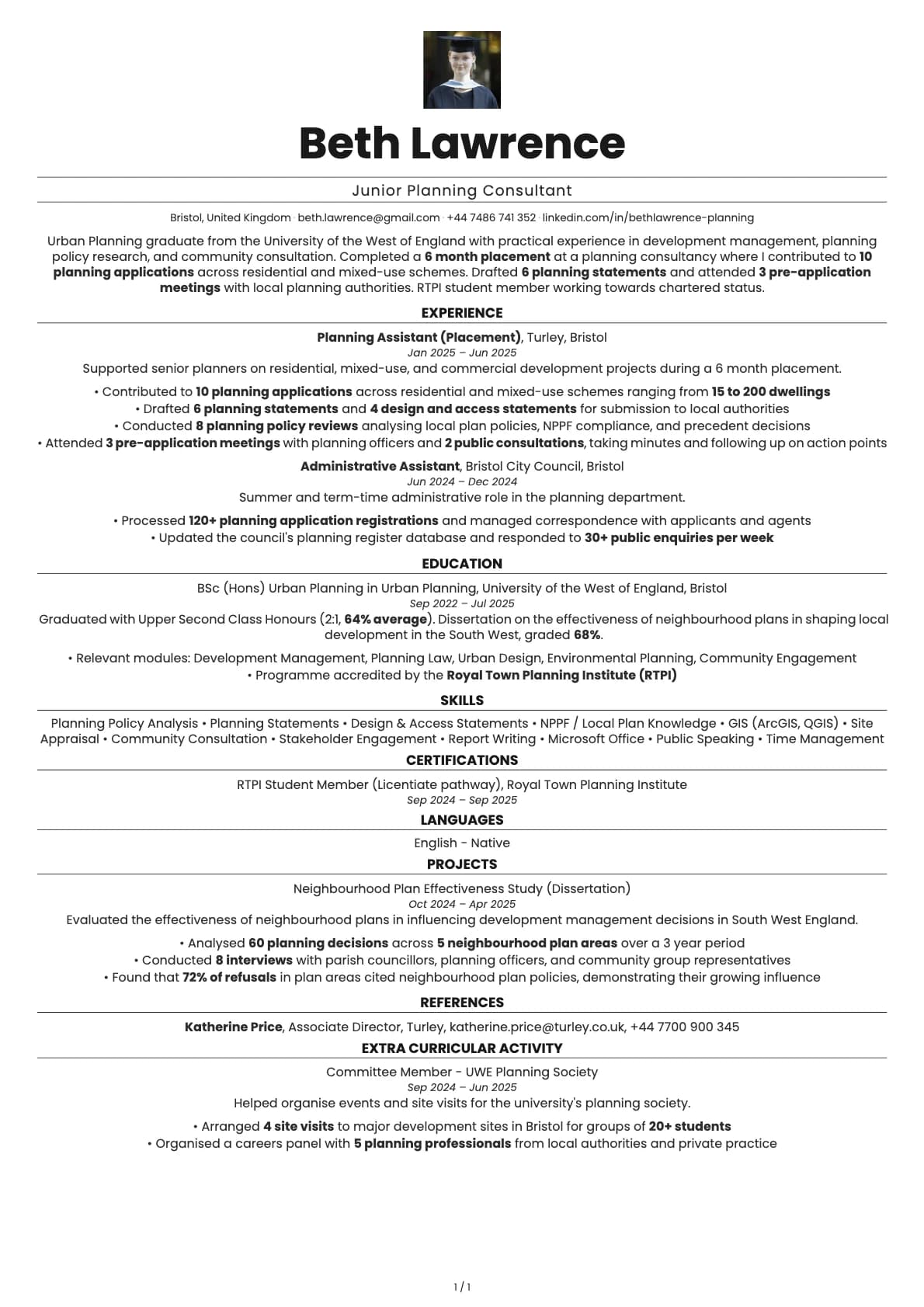 Junior Planning Consultant resume example