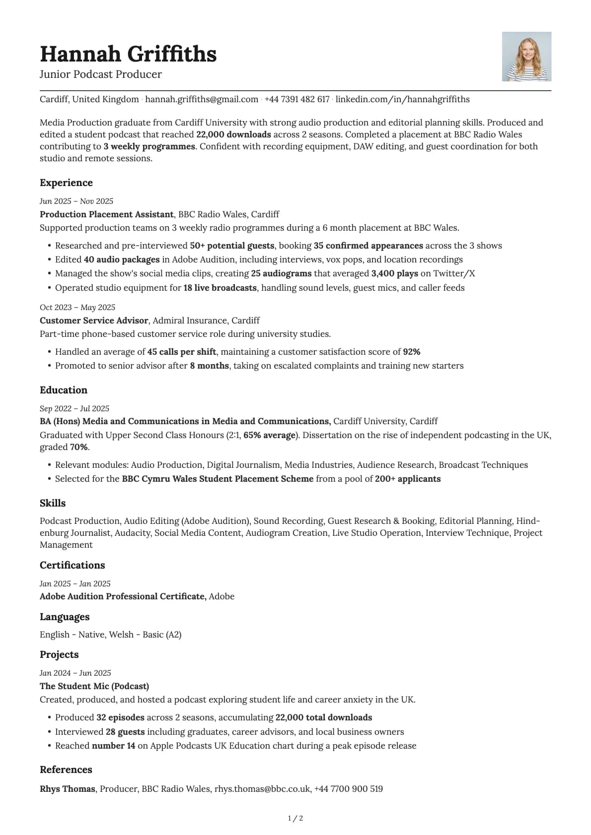 Junior Podcast Producer resume example
