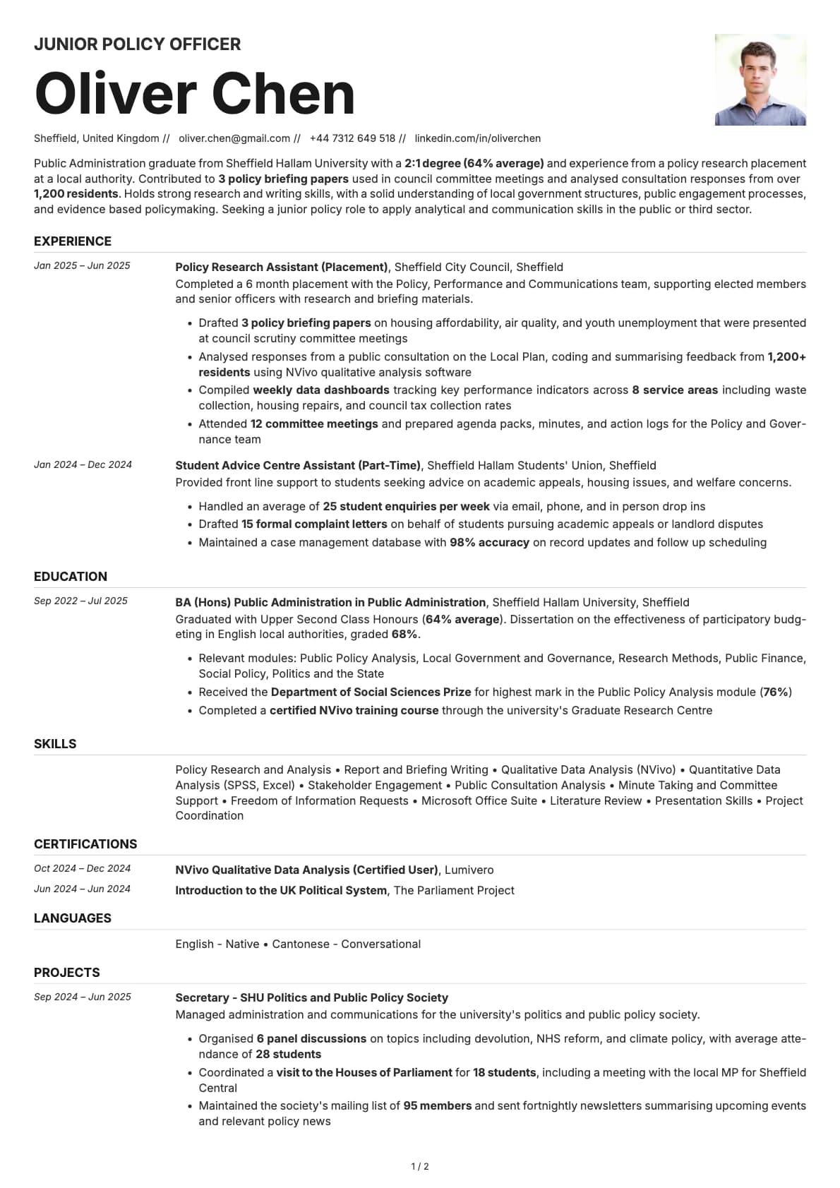 Junior Policy Officer resume example