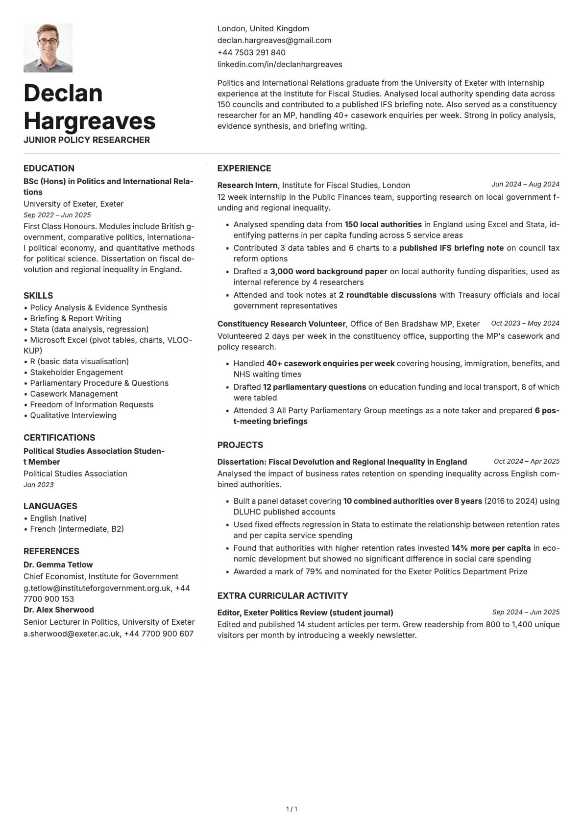 Junior Policy Researcher resume example