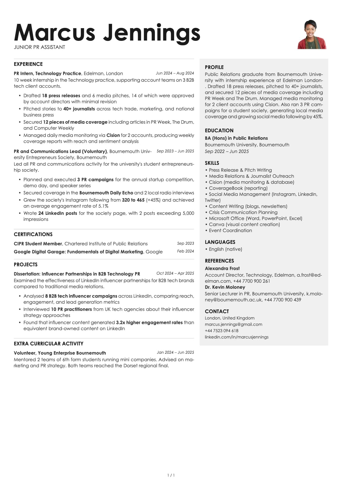 Junior PR Assistant resume example