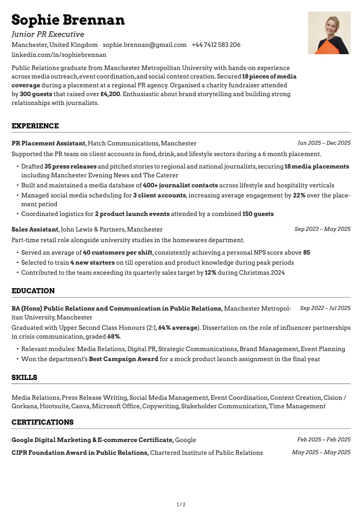 Junior PR Executive resume example
