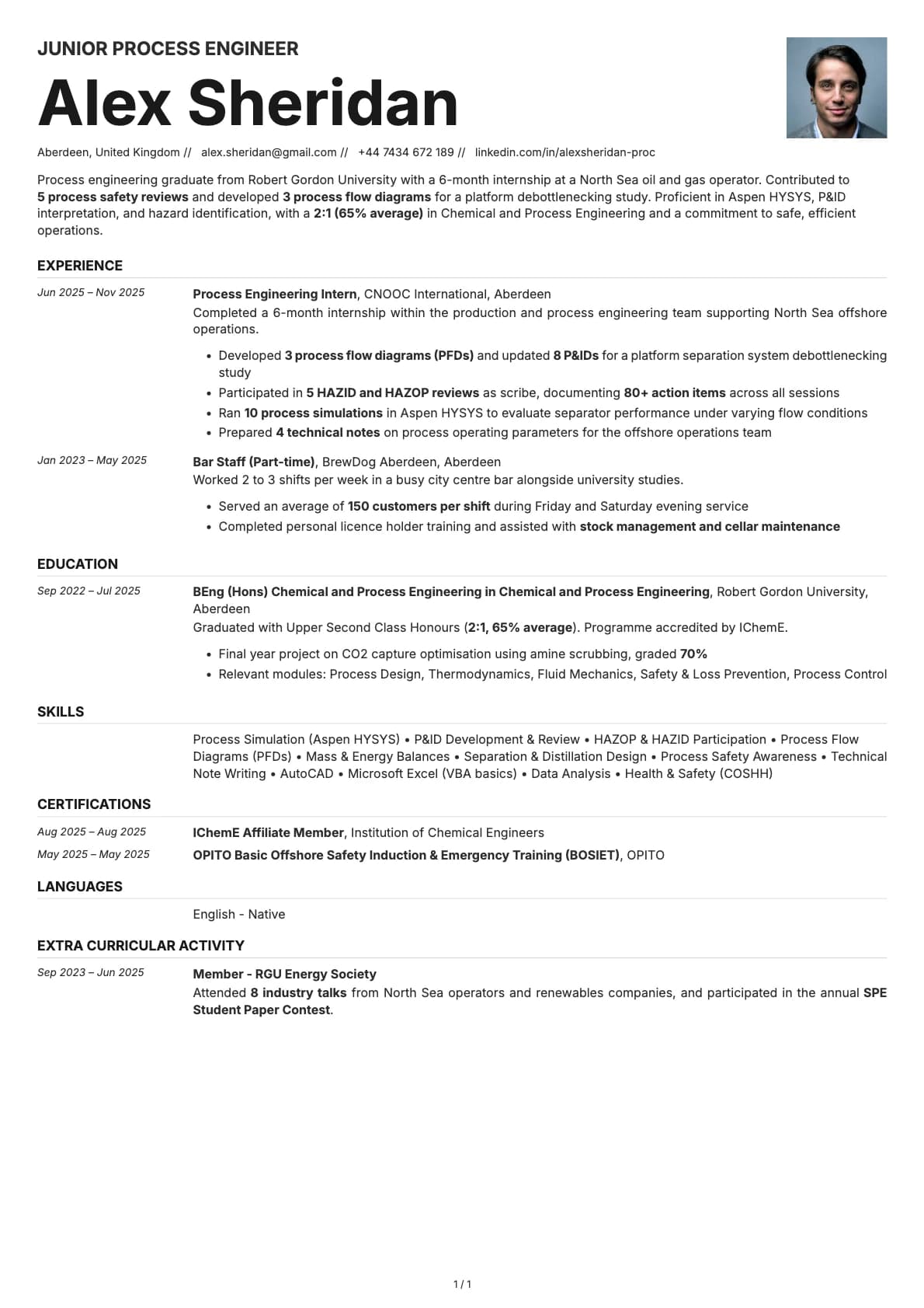 Junior Process Engineer resume example