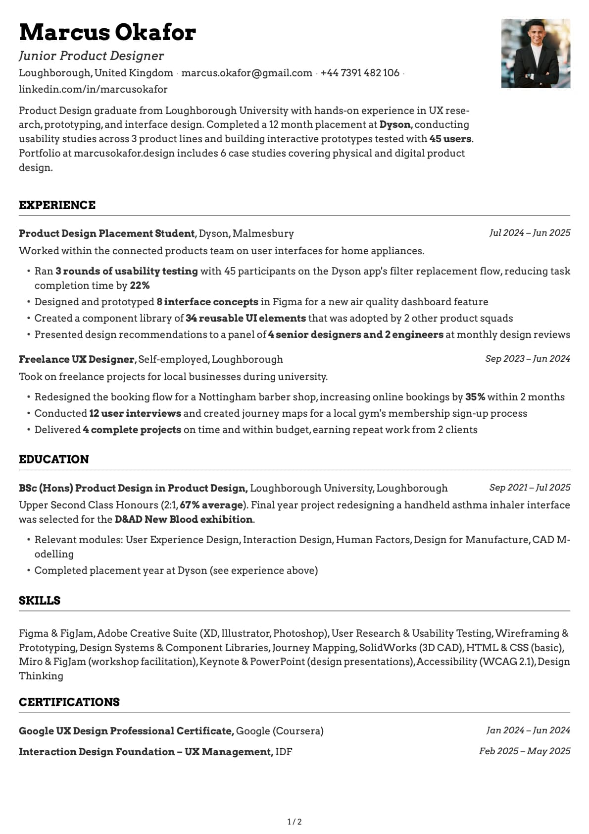 Junior Product Designer resume example