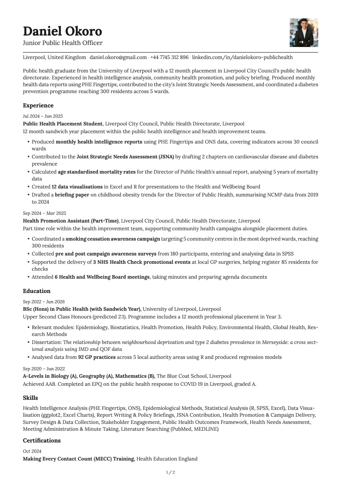 Junior Public Health Officer resume example