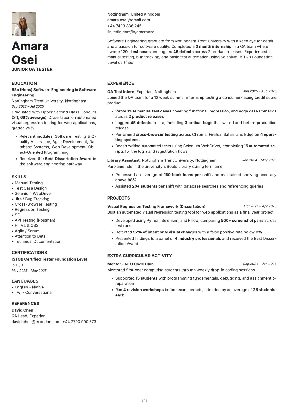 Junior QA Tester resume example