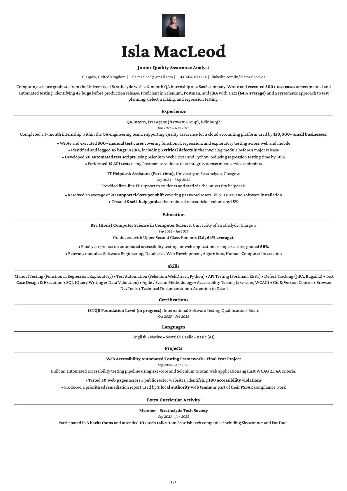 Junior Quality Assurance Analyst resume example