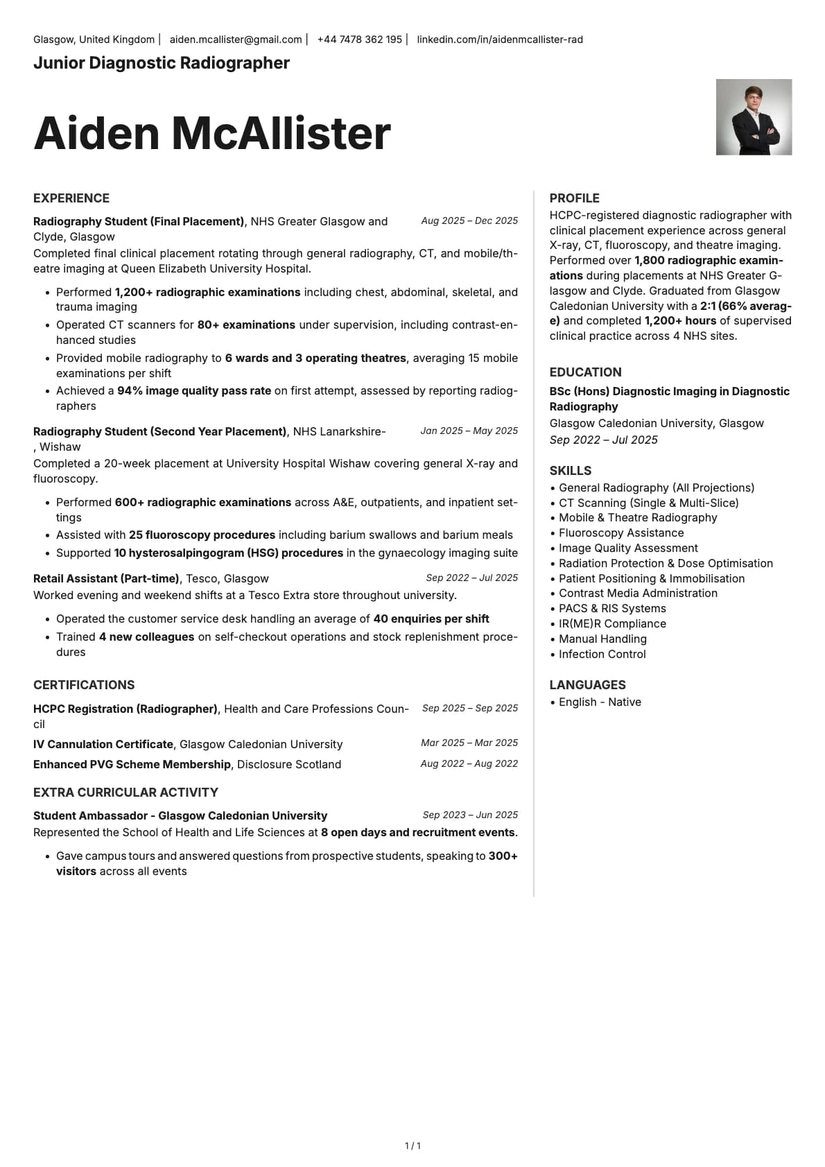 Junior Diagnostic Radiographer resume example