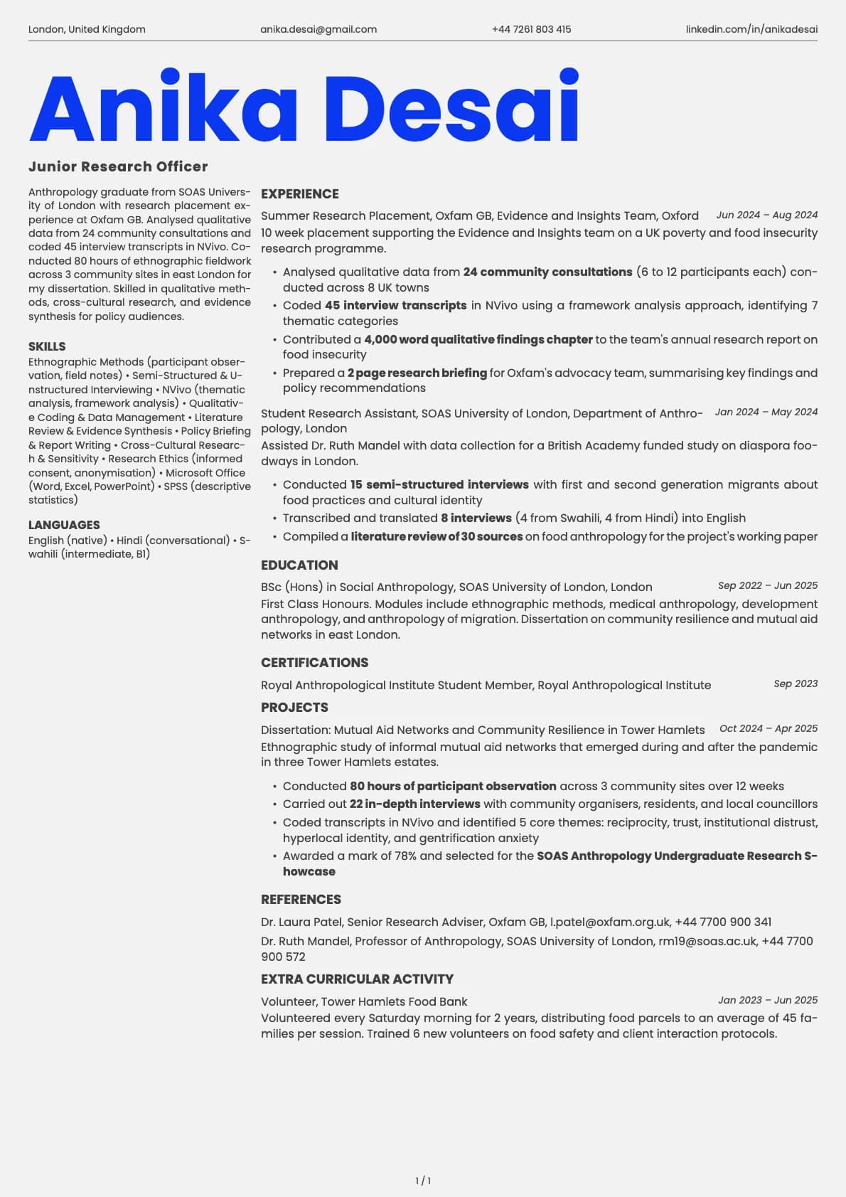 Junior Research Officer resume example
