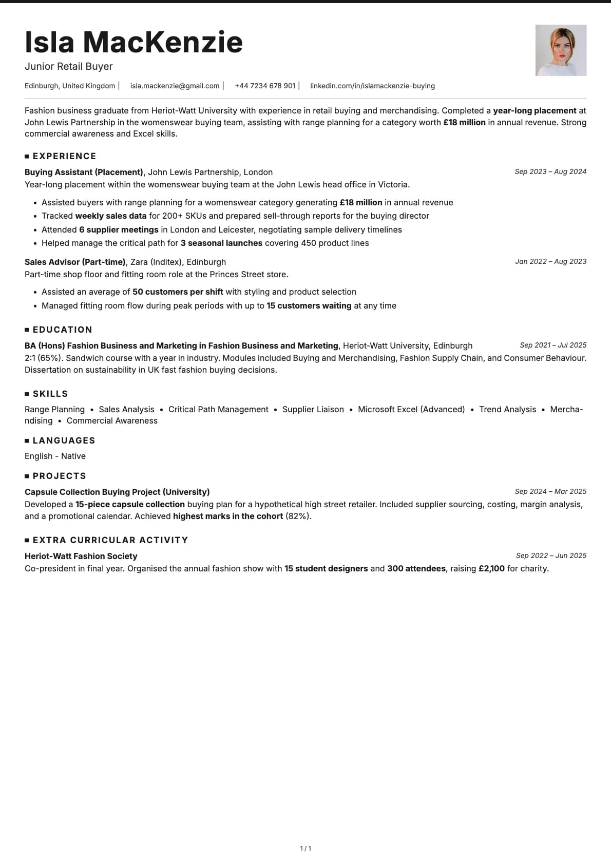 Junior Retail Buyer resume example