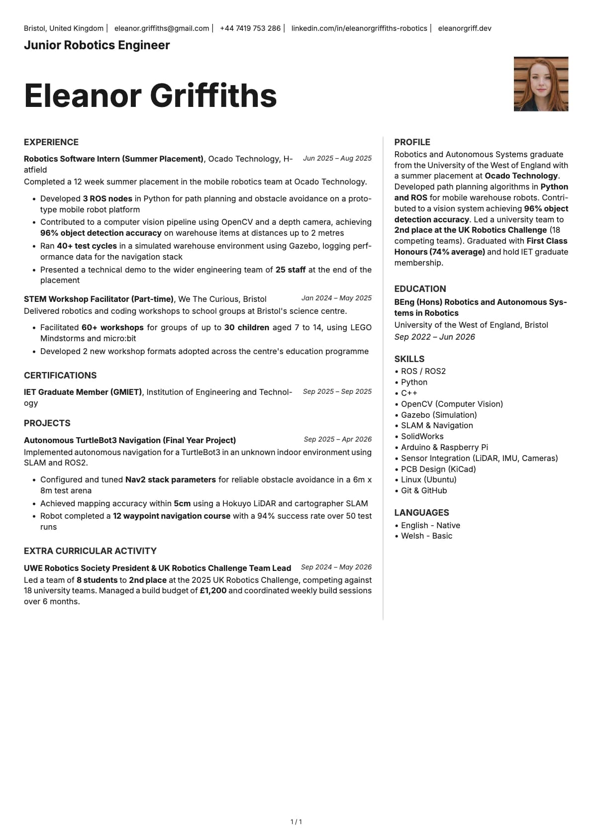 Junior Robotics Engineer resume example