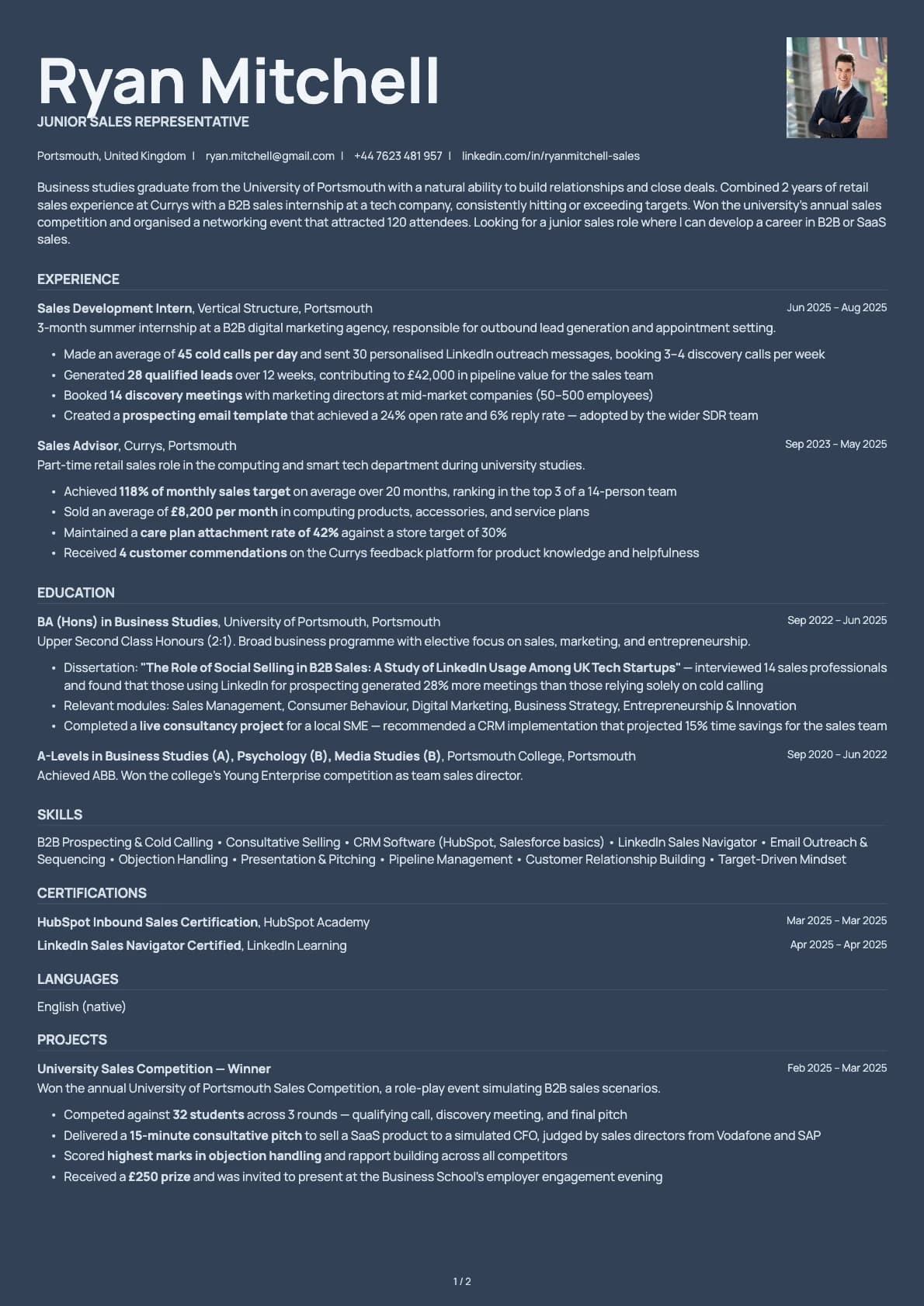 Junior Sales Representative resume example