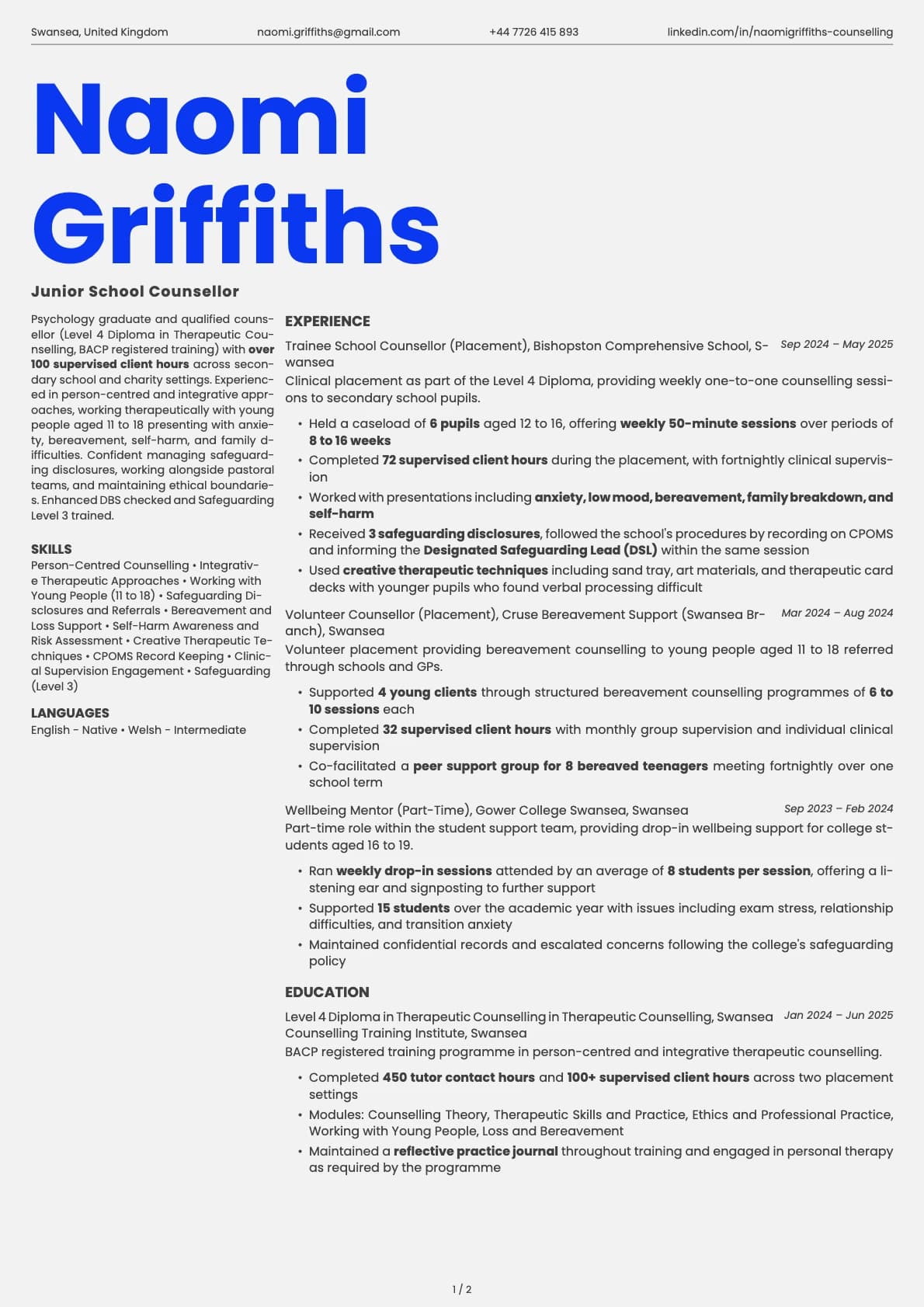 Junior School Counsellor resume example