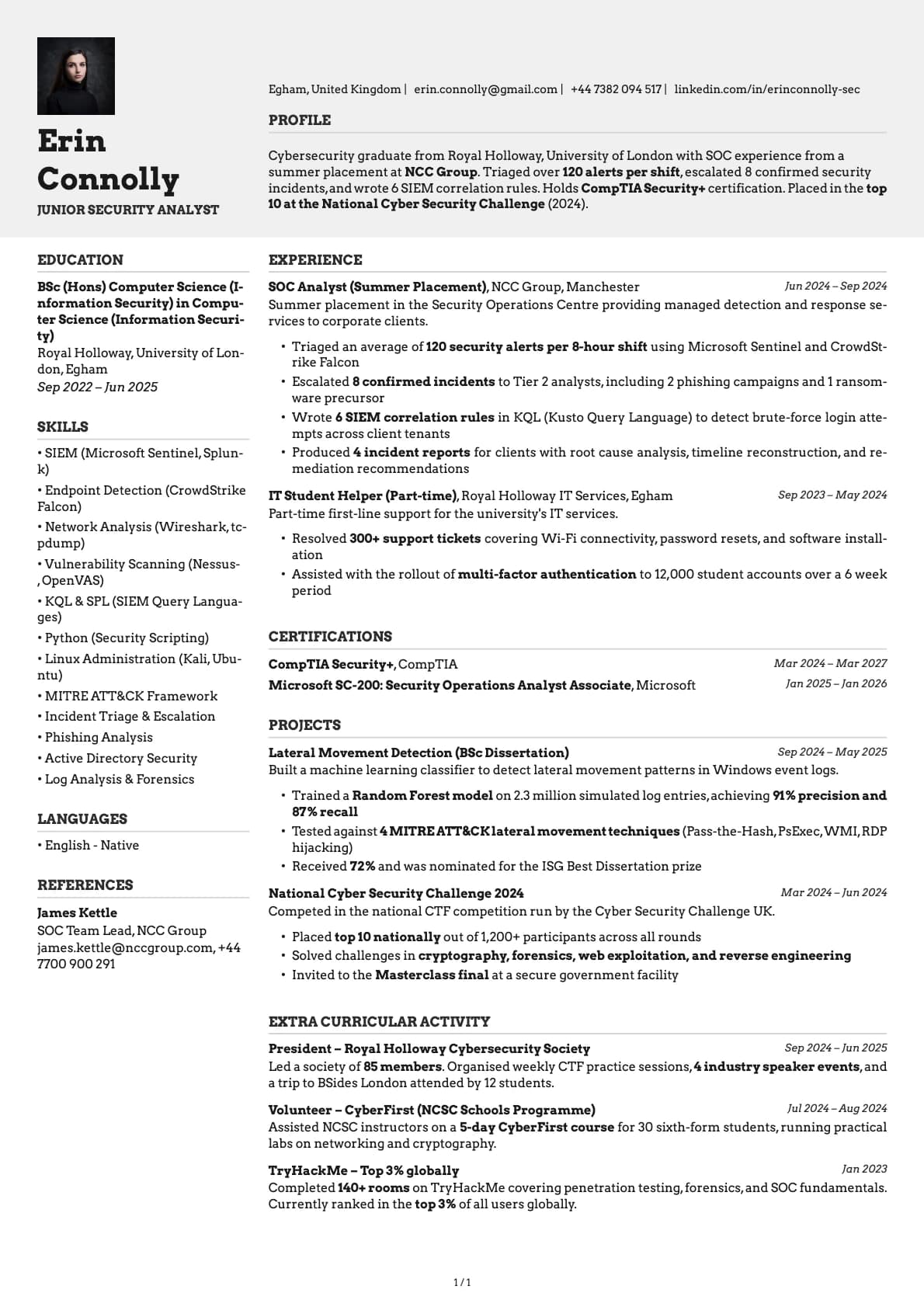 Junior Security Analyst resume example