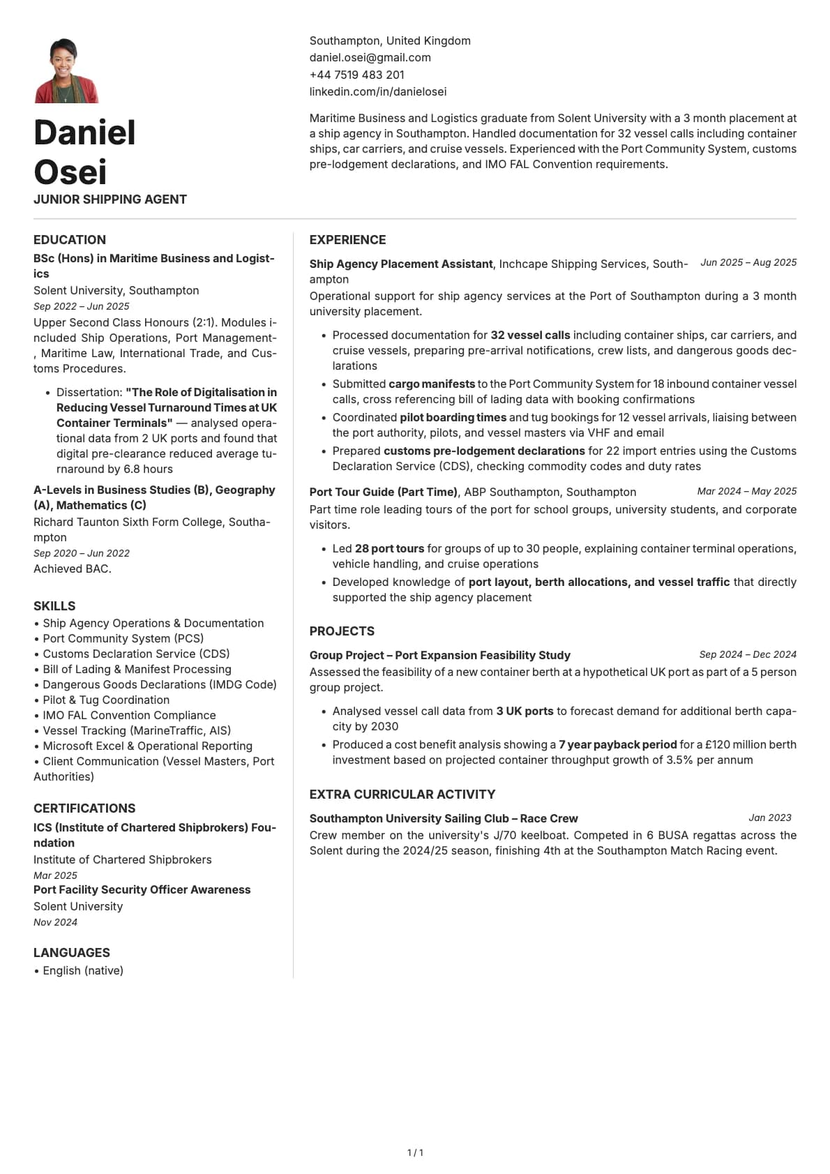 Junior Shipping Agent resume example