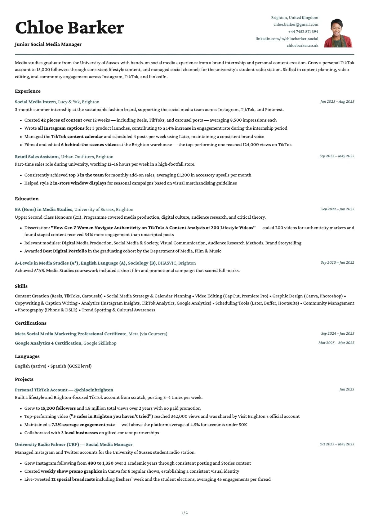 Junior Social Media Manager resume example