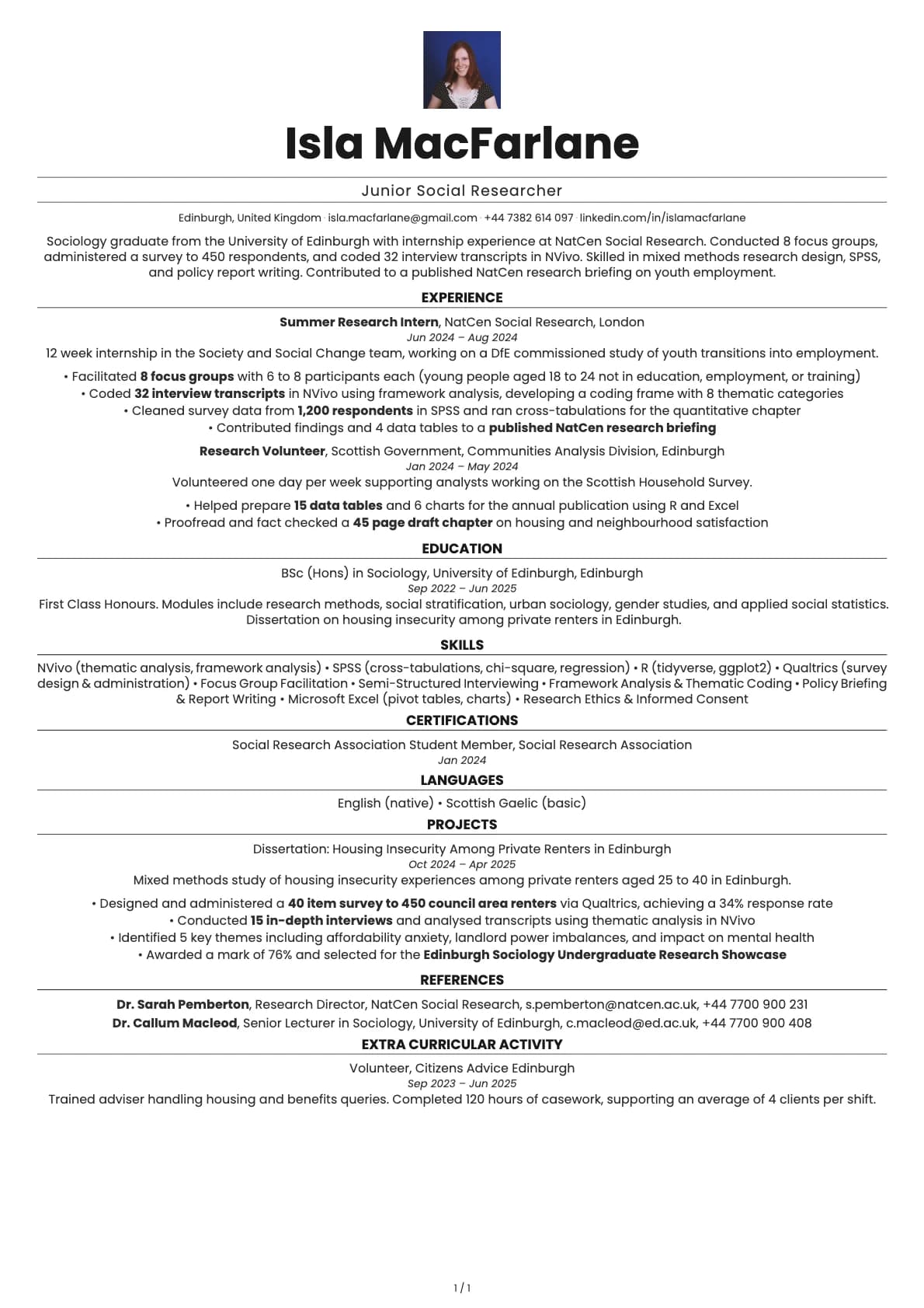 Junior Social Researcher resume example