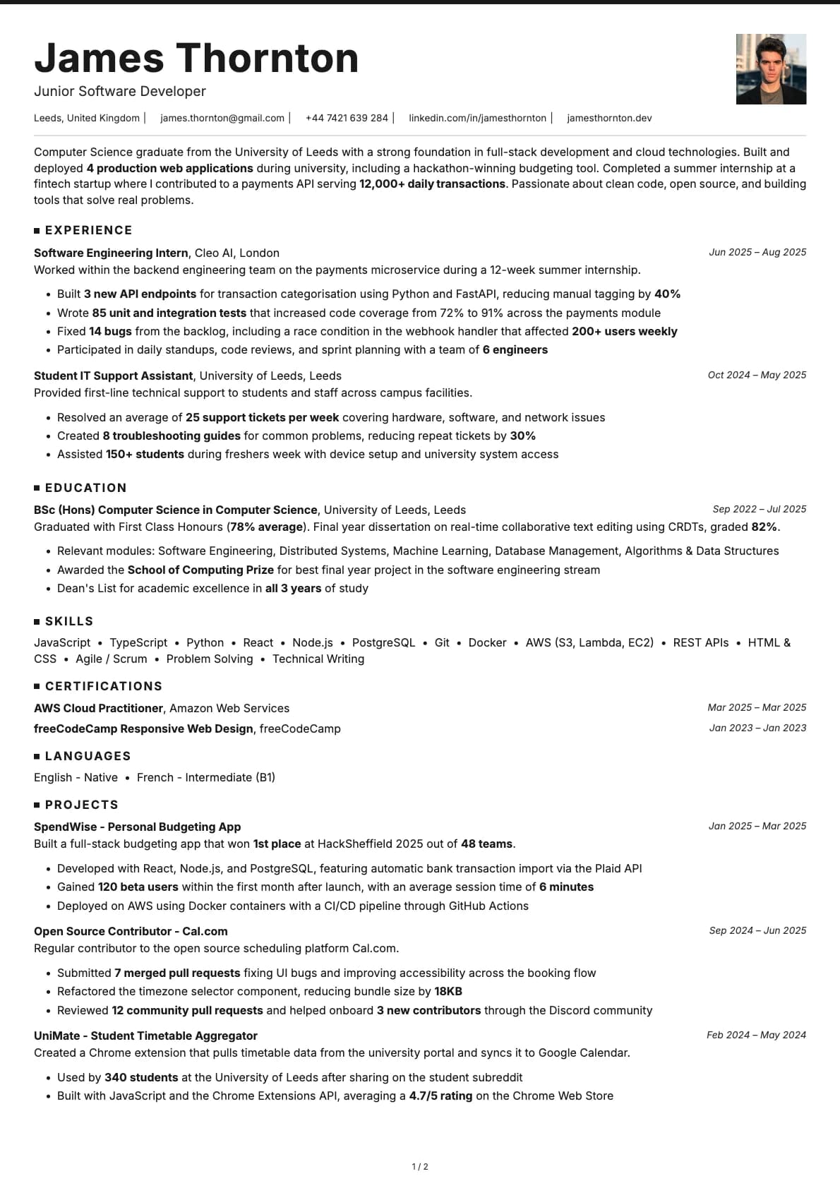 Junior Software Developer resume example