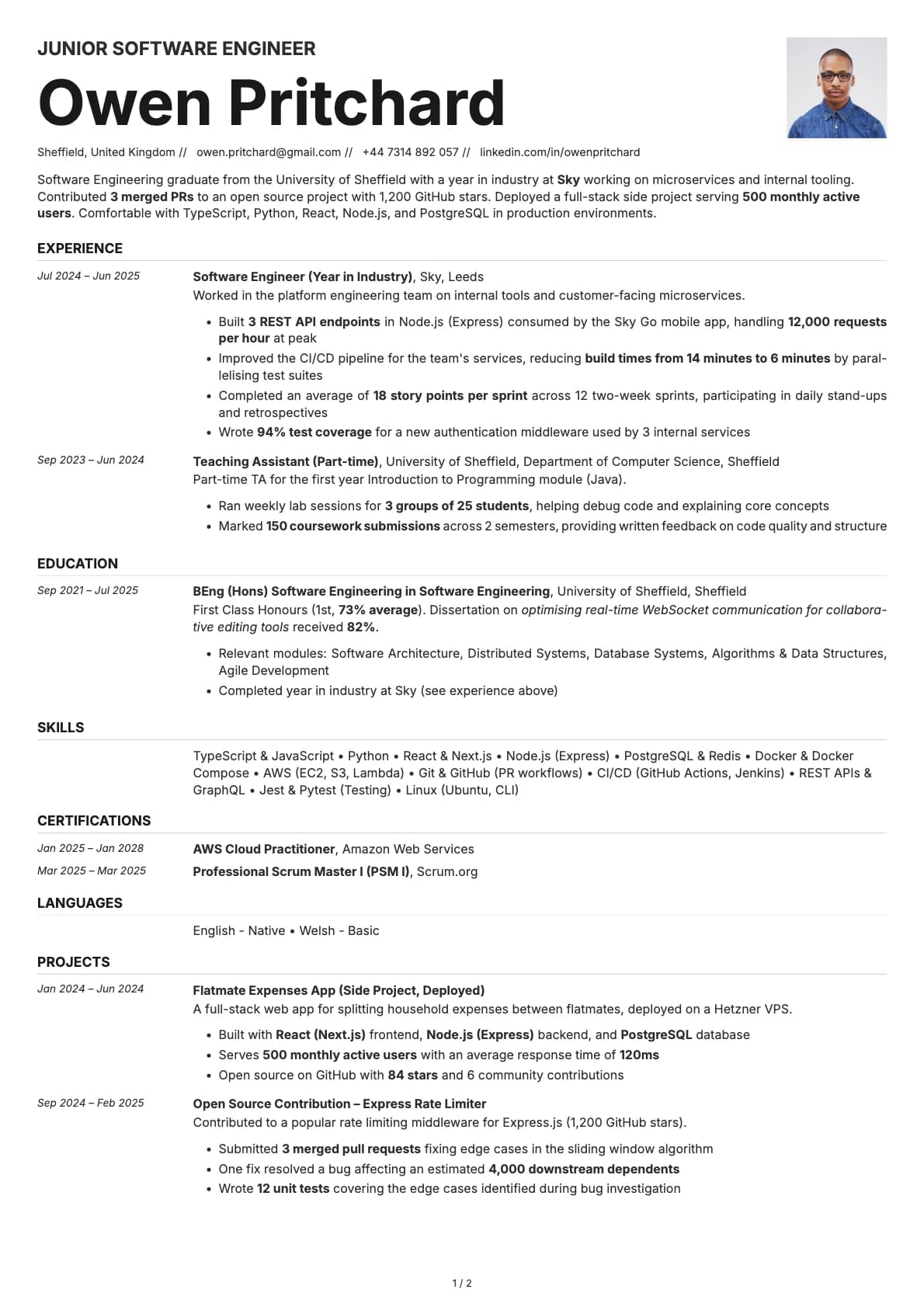 Junior Software Engineer resume example