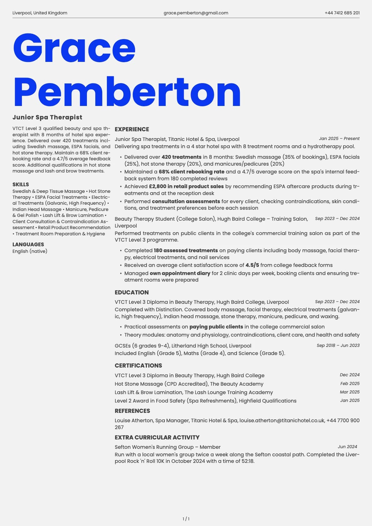 Junior Spa Therapist resume example